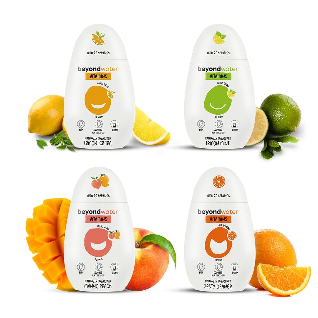 BEYOND WATER Vitamin Water - Assorted Pack - 4 X 20 Servings (Mango Peach, Orange, Lemon Mint, Lemon Ice Tea) Instant Fruit Drink Mix, Hydration Drink, 10+ Vitamins & Minerals, Flavoured Water