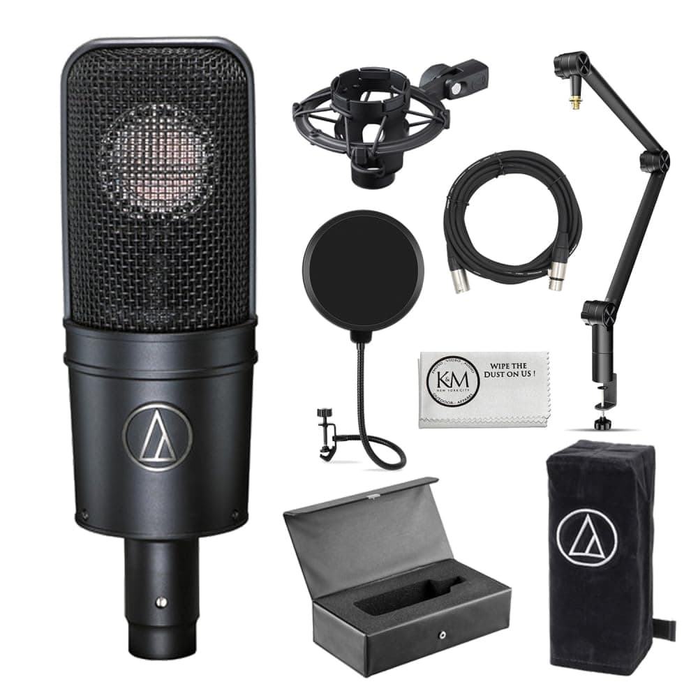 Audio-Technica AT4040 Studio Microphone Bundled with Professional Microphone Arm + 20 Ft XLR Cable + Wind Screen Pop Filter + Cleaning Cloth (5 Items)