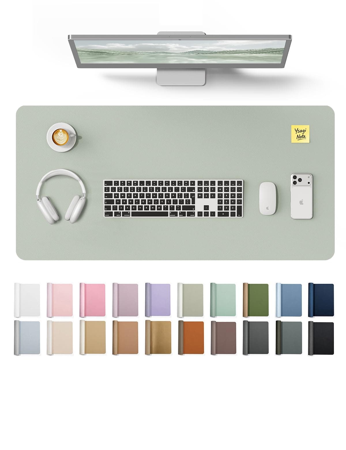 YSAGi Leather Desk Protector, Office Mat, Large Mouse Mat, Non-Slip PU Leather Blotter, Laptop Pad, Waterproof Writing Pad for Office and Home (Grayish Green, 31.5" x 15.8")