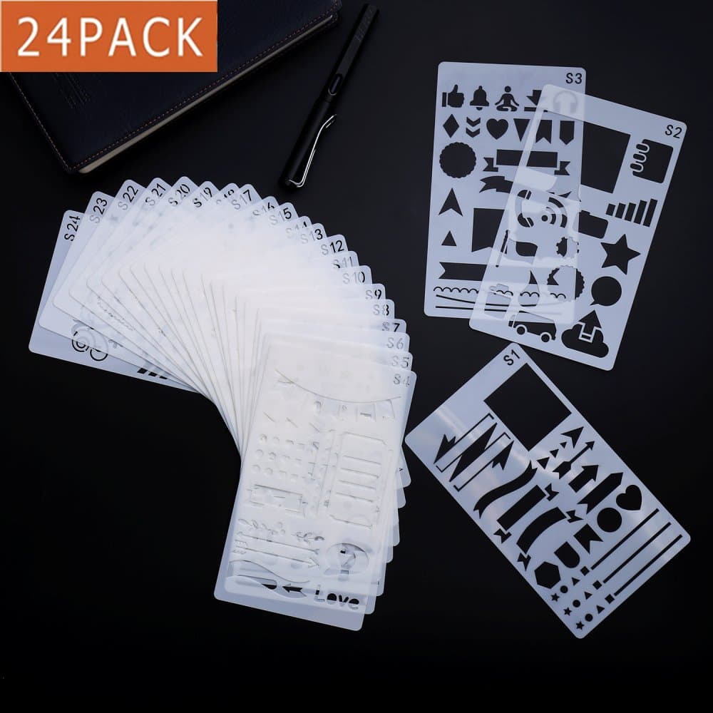 Bullet Journal Stencil, 24 Pieces Journal Stencils Set for Journal/Notebook/Diary/Scrapbook/Various DIY Drawing Book Plastic Planner Stencils