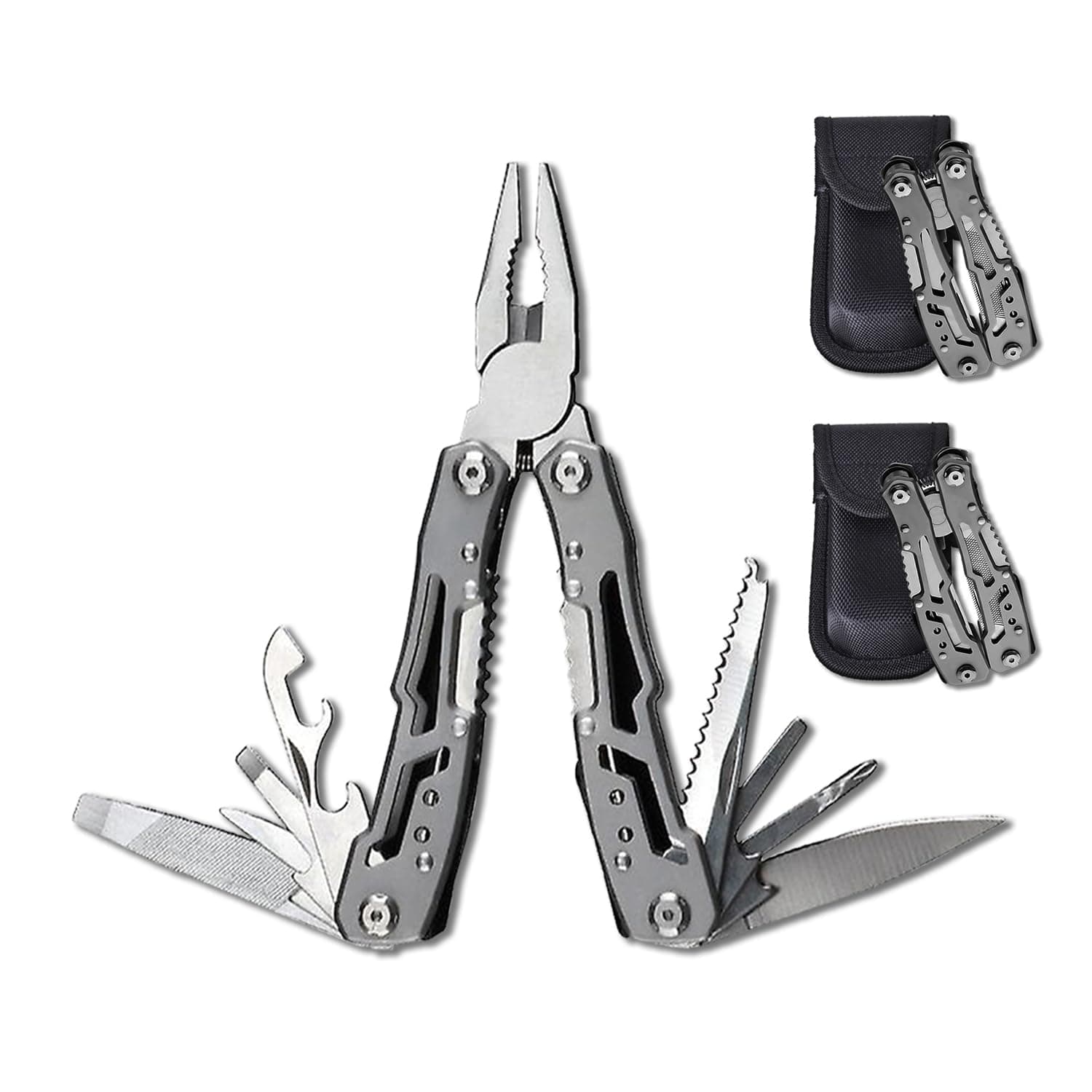 Folding Pocket Stainless Steel Multi-tools – with Pliers, Screwdriver, Can Opener, Cutter, Unhooker - Perfect Tool for Outdoor, Tactical, Survival, Camping, DIY and Gift (Pack of 2)