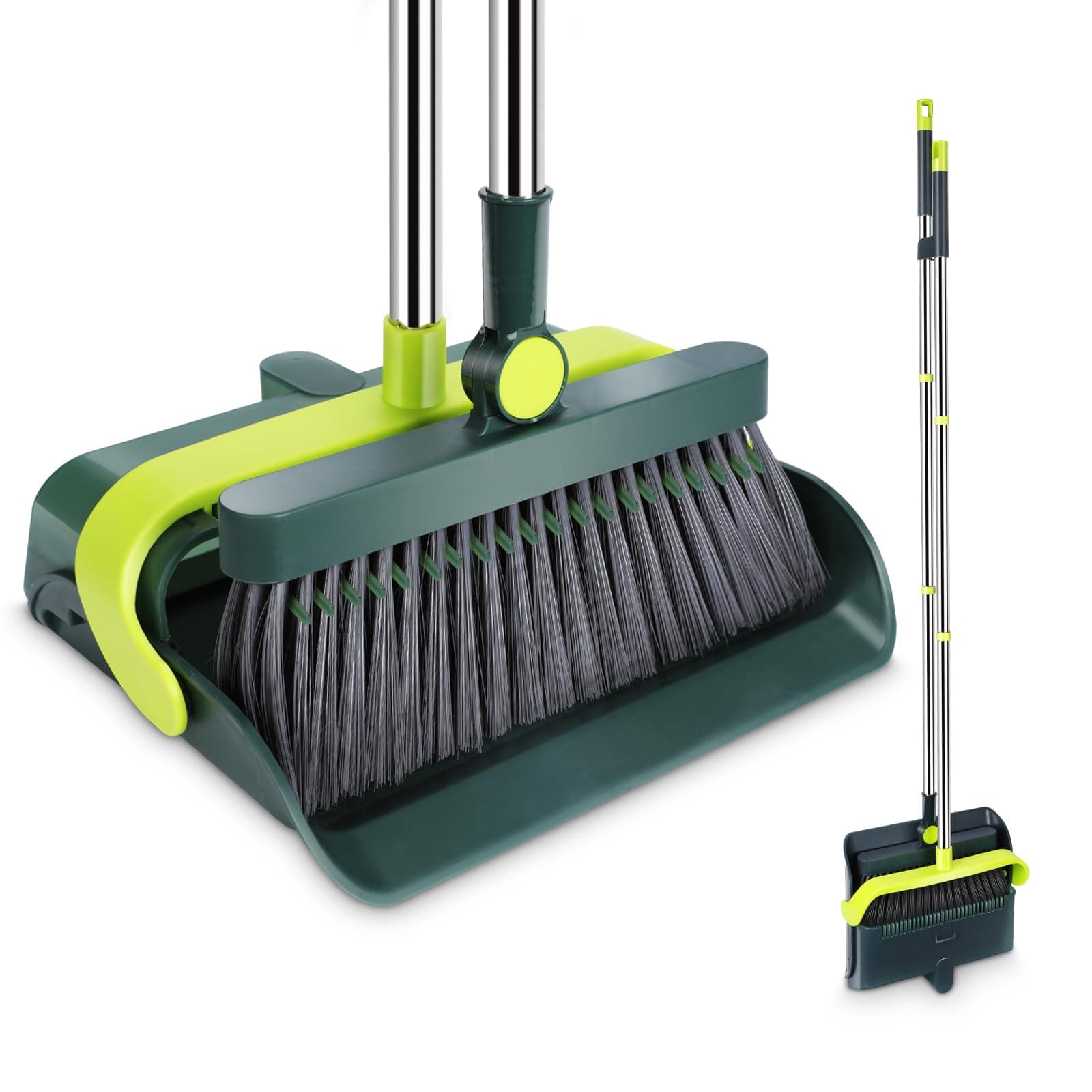 MASTERTOP Dustpan and Brush Sets, Long Handled 180 Rotating Sweeping Brush with 2 Layer Comb Teeth, Tall Dust Pan and Brush Broom for Indoor Outdoor Home Garden Kitchen Cleaning - Classical Green