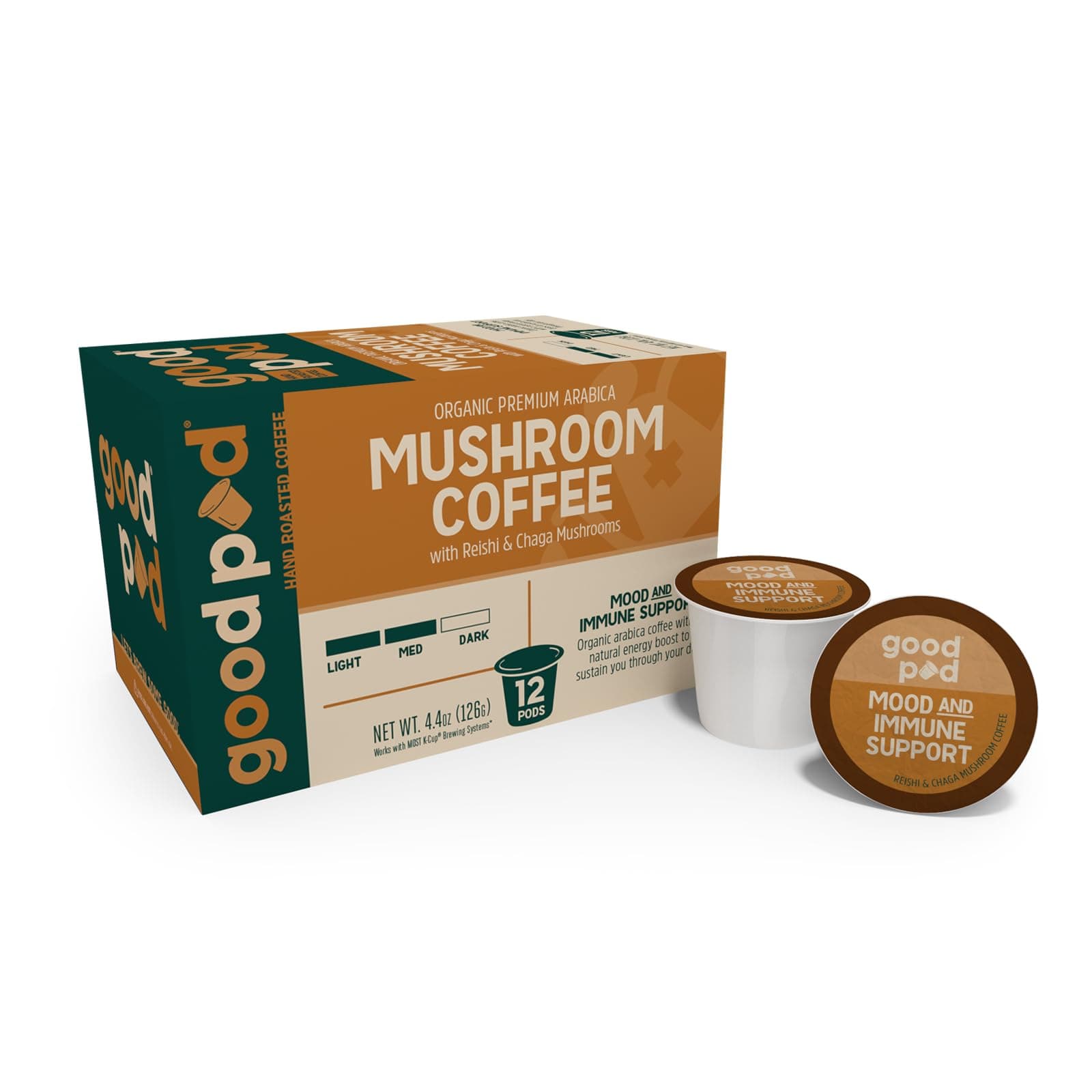 goodPOD Mood and Immune Support Single Serve Coffee K Cup Pods, Organic Arabica Coffee with Reishi & Chaga Mushrooms, Medium Roast, 12 Count