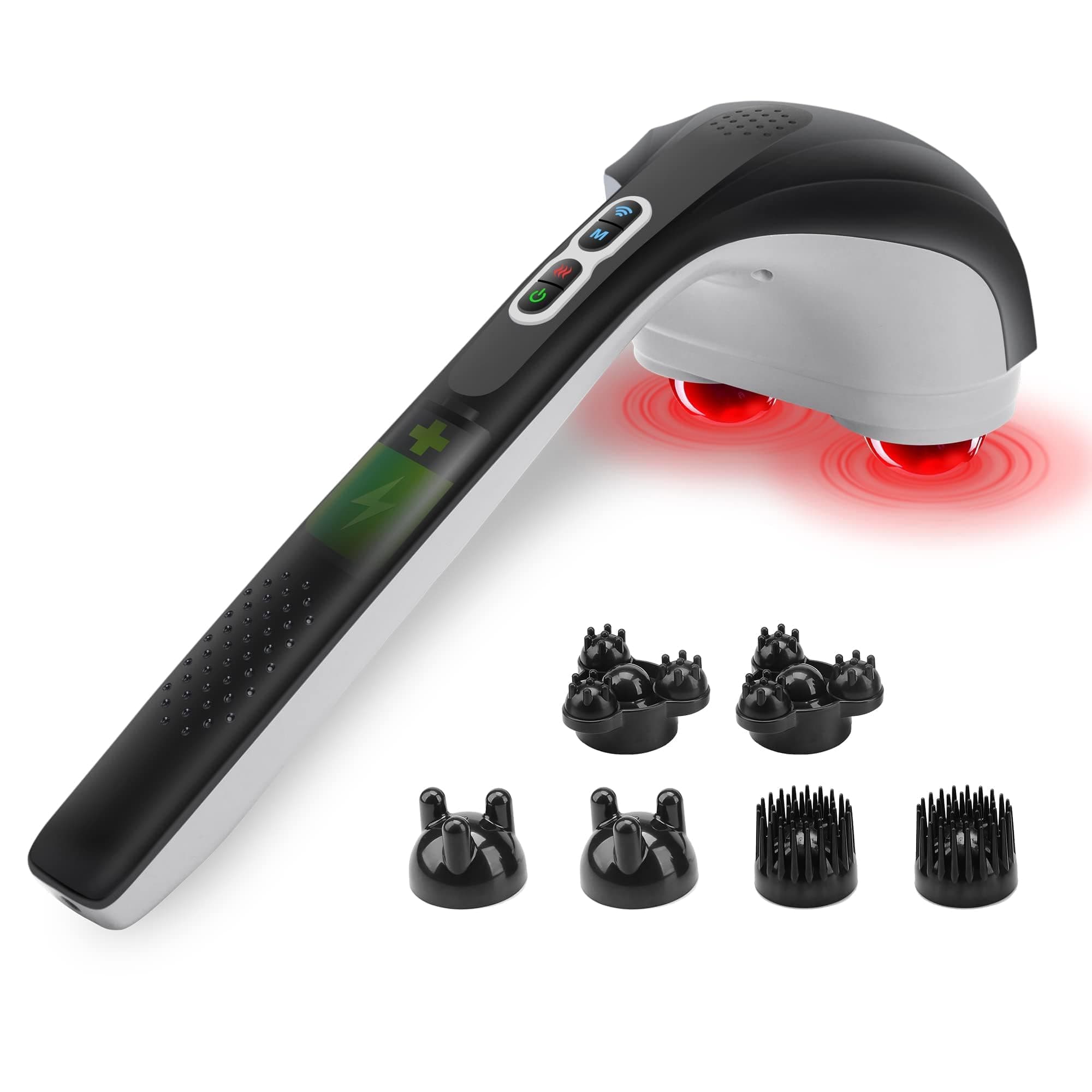 Cordless Handheld Back Massager with Heat, Deep Tissue Percussion Massager, 3 Sets of Dual Pivoting Heads,Rechargeable Hand Held Massager for Neck,Back Shoulder,Calf,Legs