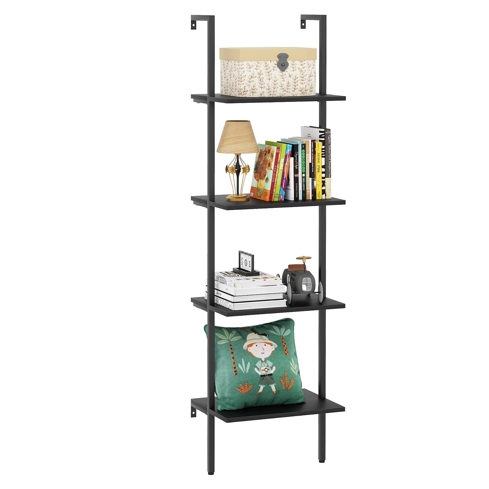 Ladder Shelf 4 Tiers Metal Industrial Bookshelf,Black Wooden Tall Open Storage Rack and Display Shelves,Wall Mount Wide Book Case for Home Office Bedroom,Small