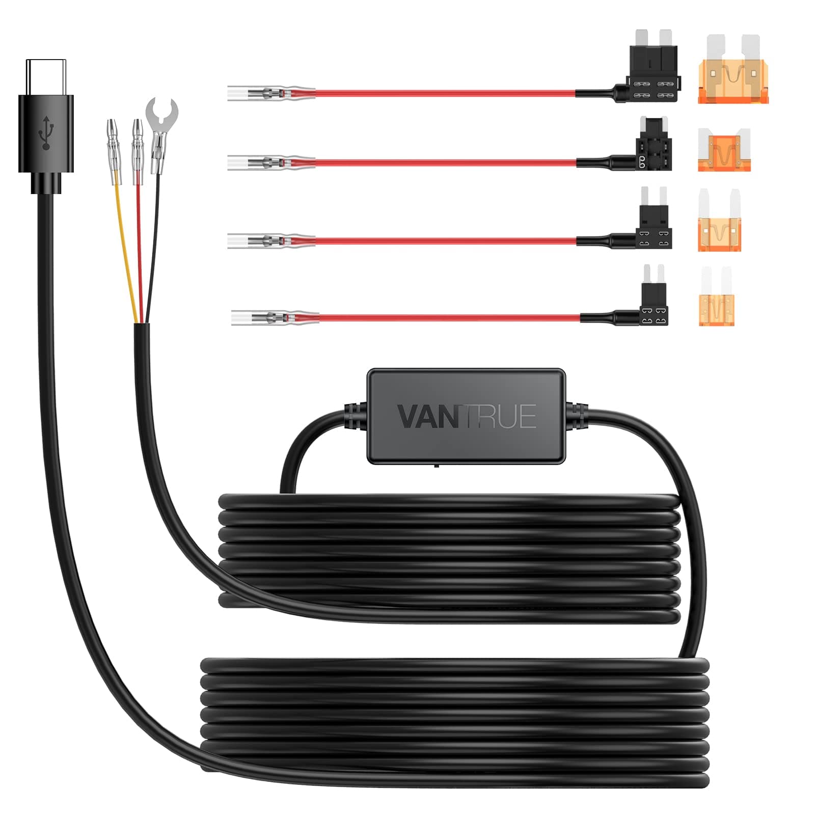 VANTRUE USB-C 2 Level Hardwire Kit with ACC Fuse for N5(S)/N4 Pro(S)/N4(S)/N2X/E360/S1 Pro(MAX)/E1 Pro/E1/E1 Lite/E2/E3/X4S/N2 Pro(USB-C)/N2S/S2 Dashcam, 12V/24V to 5V Low Voltage Protection, 11.5ft