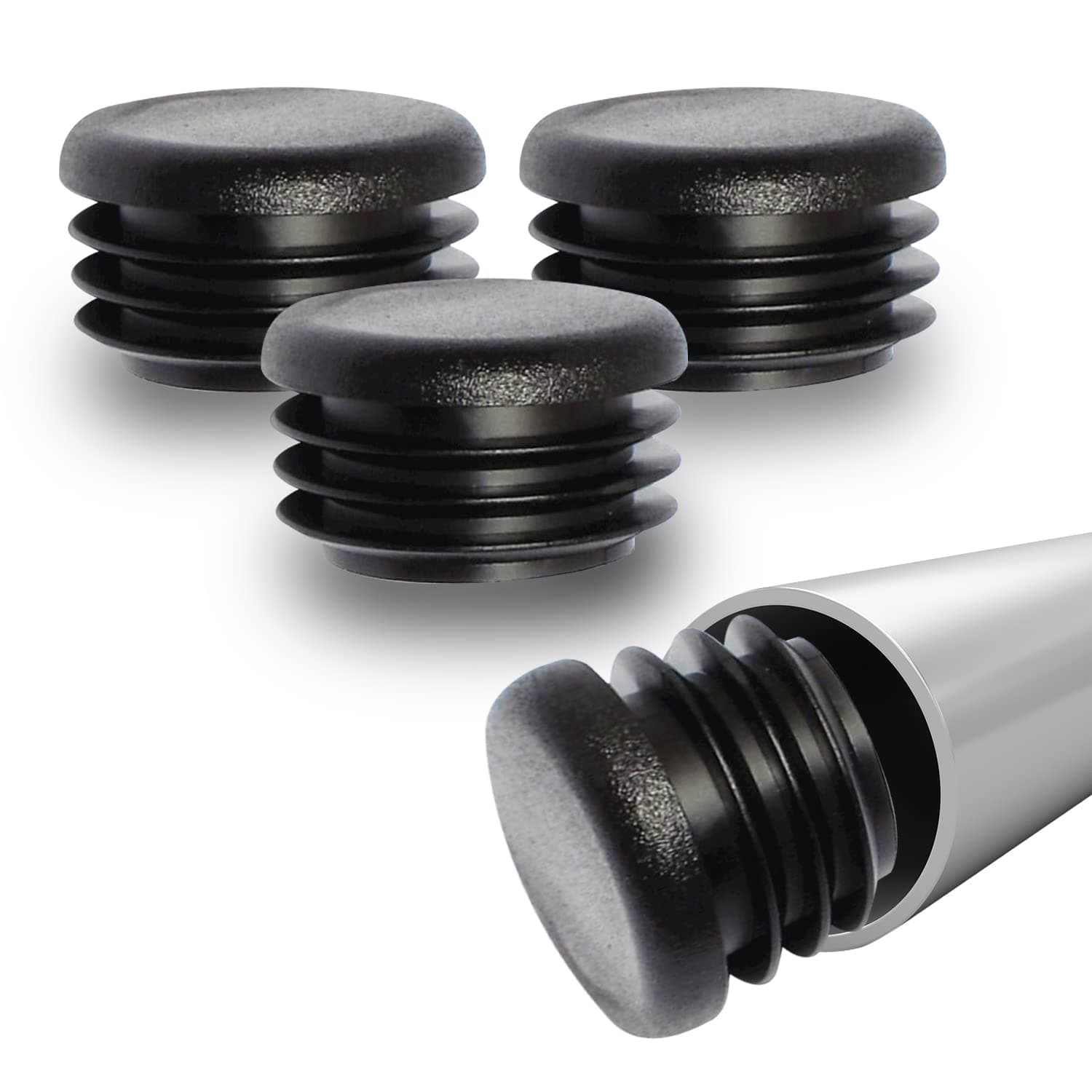 Prescott Plastics 1 1/2” (38.1mm) Outer Diameter Ribbed Plastic Hole Plugs, Round Black Metal Tubing End Caps, Strong Furniture Leg Inserts, Impact & Weather Resistant, Made in The USA - 4 Pack