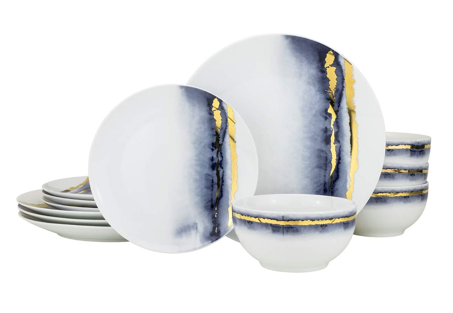 16 piece Blue Marble Dining Set, Fine China Tableware w/ 24K Gold Plate Accent Service for 4