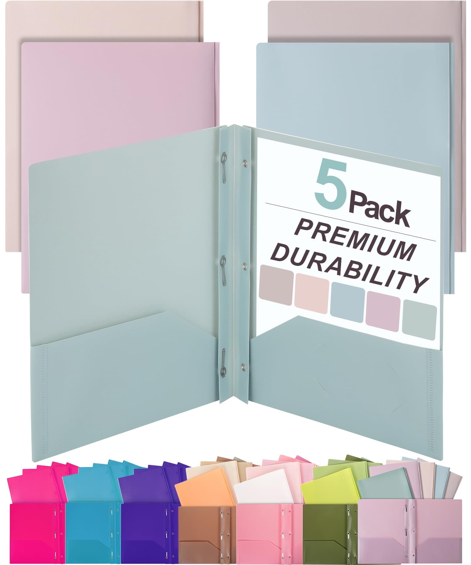 Plastic Folders with Pockets and Prong, 5 Pack, Muted Pastel Colors, Pocket Folders, File Fasteners, 2 Folder, Two