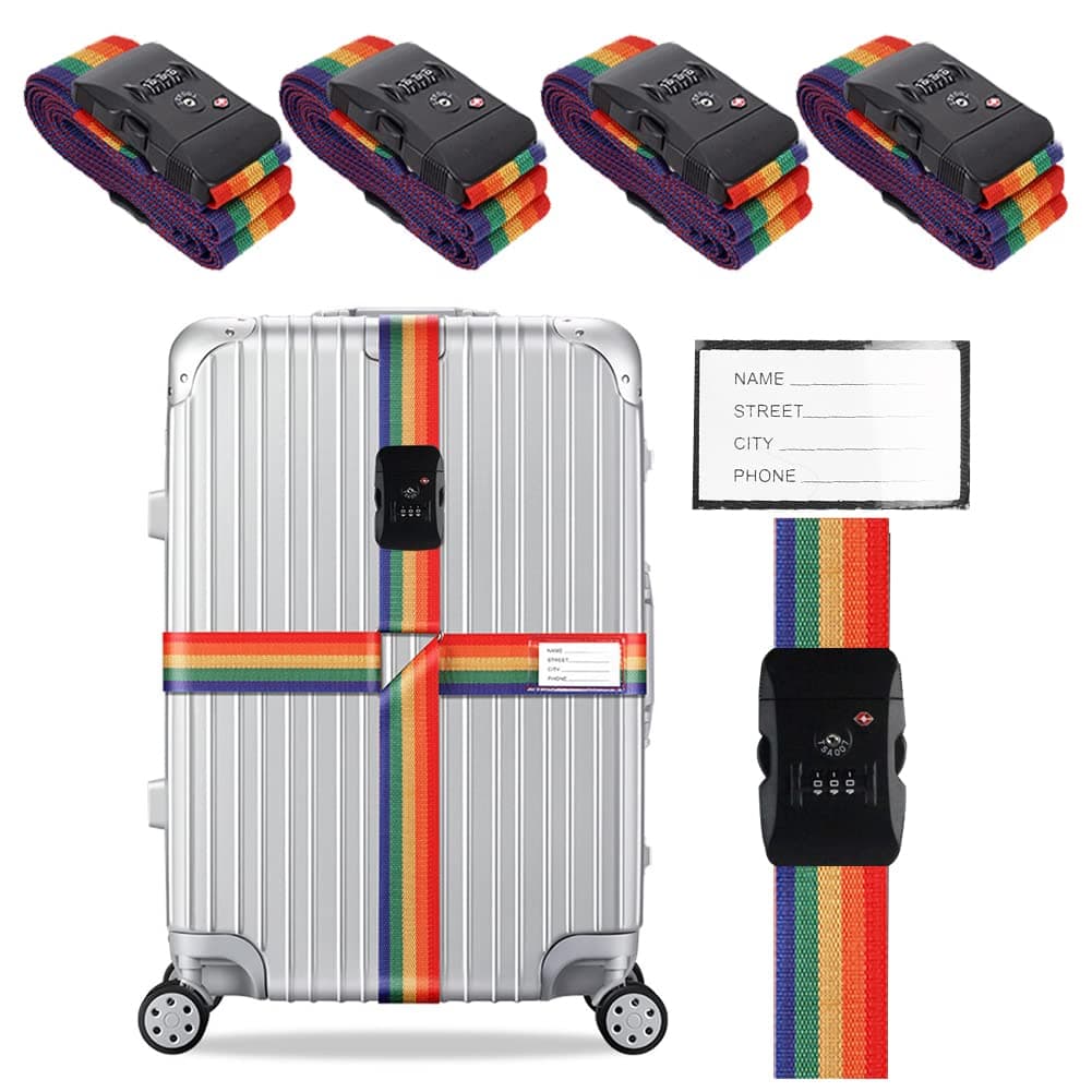 Veki Cross Luggage Straps Set TSA Approved with Lock Adjustable Travel Suitcase Belts Suitcase Tags with Name ID Card Packing Straps for Suitcases Strap Travel Accessories (Multicolor*4pcs