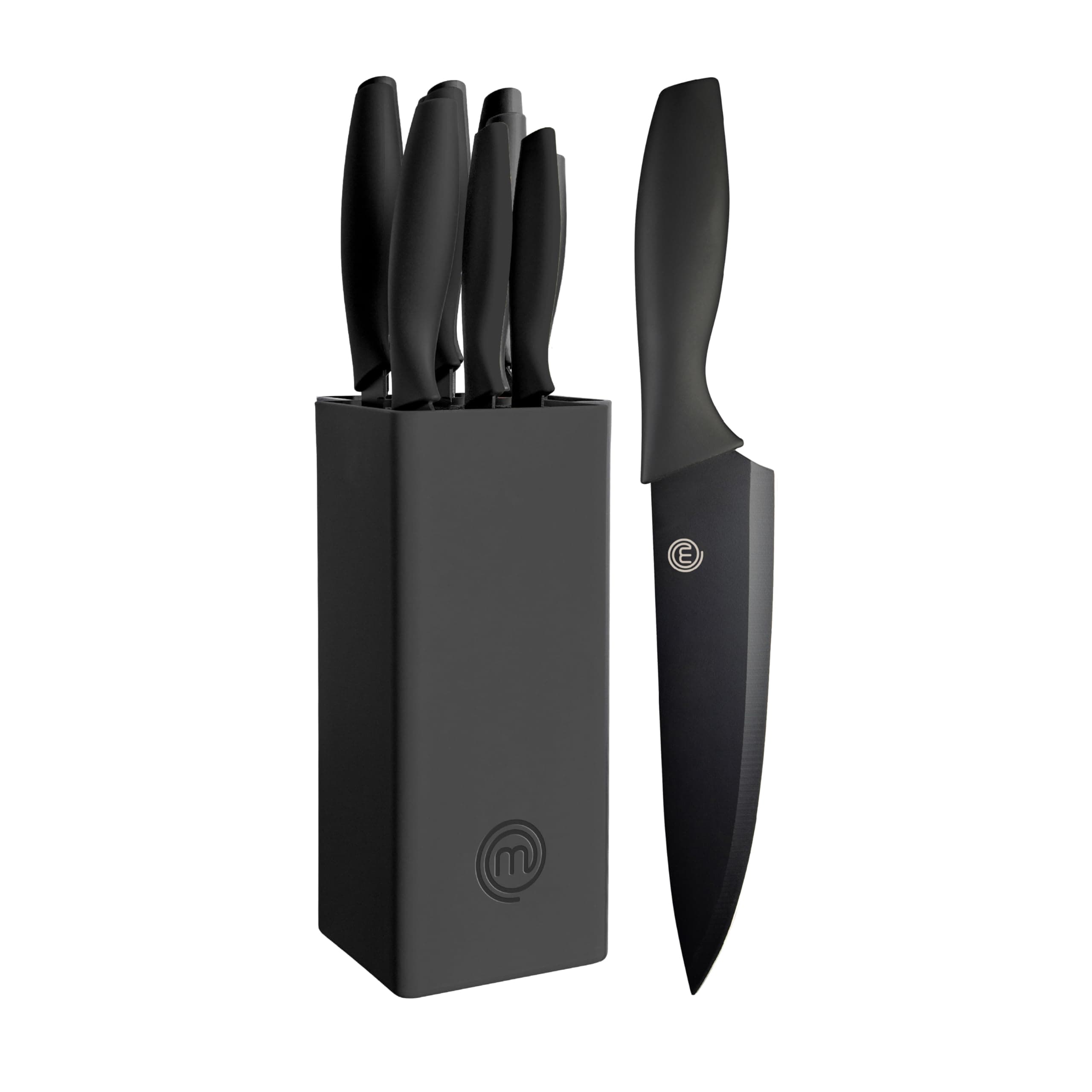MasterChef Knife Set with Block, 6 Kitchen Knives and a Universal Knife Holder, Extra Sharp Stainless Steel Blades for Precise Cutting with Non Stick Coating & Soft Touch Easy Grip Handles, Black