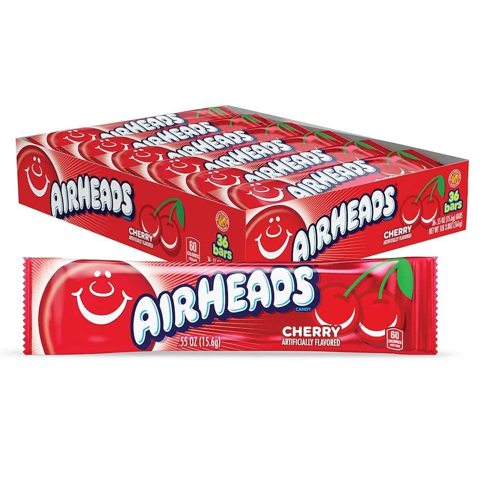 Airheads Full-Size Candy Bars, Taffy Candy Bulk Pack, Individually Wrapped, Cherry Fruit Flavor Artificially Flavored, 36 Count Box