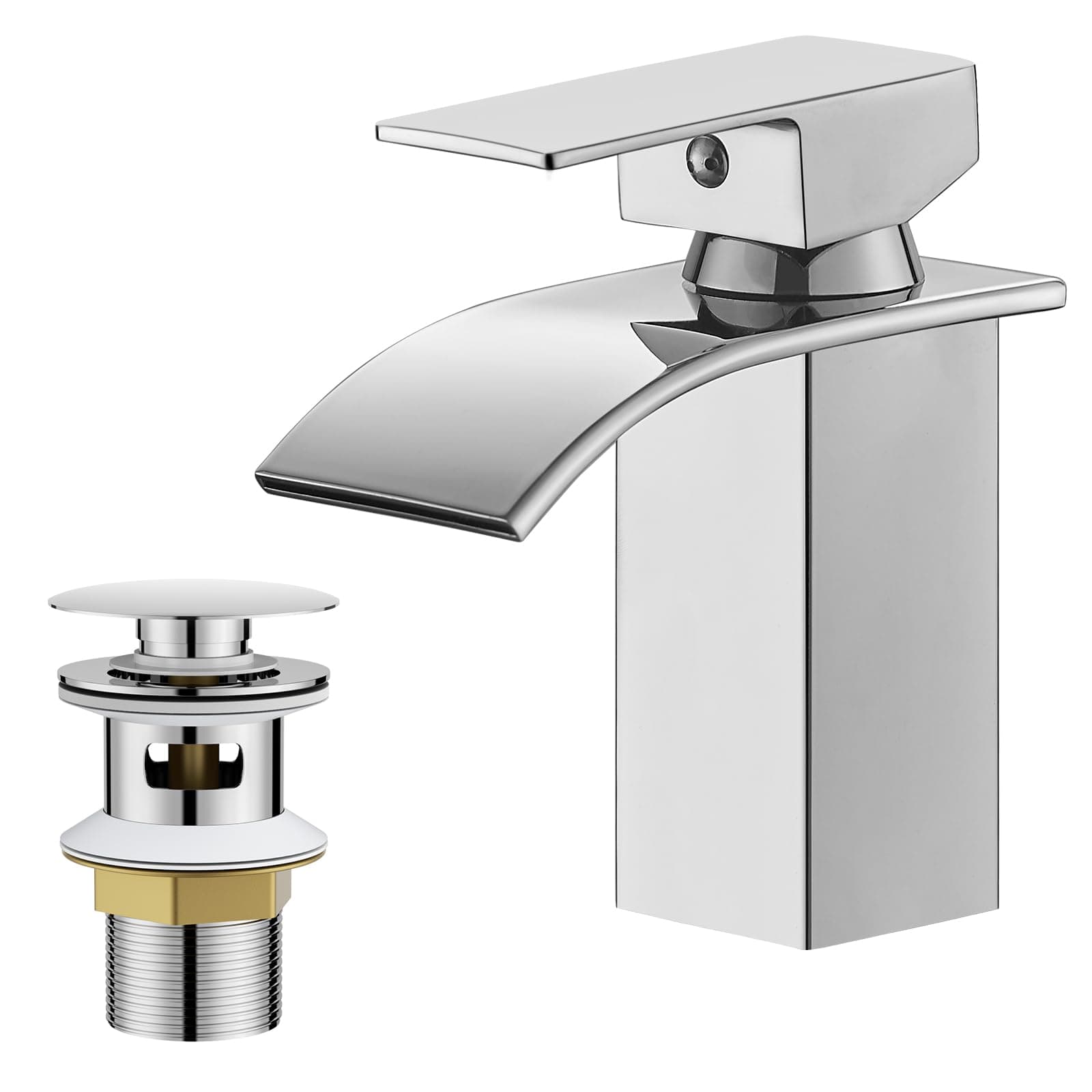 BESy Waterfall Spout Bathroom Sink Mixer Taps,Single Handle Basin Mixer Tap, Rv Lavatory Vessel Faucet,Stainless Steel,Polished Chrome