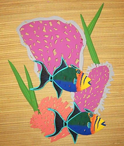 Hand Painted Metal Art One Piece, 3d, 2 Trigger Fish, 3 Fan Coral and 4 Sea Leafs Wall Sculpture