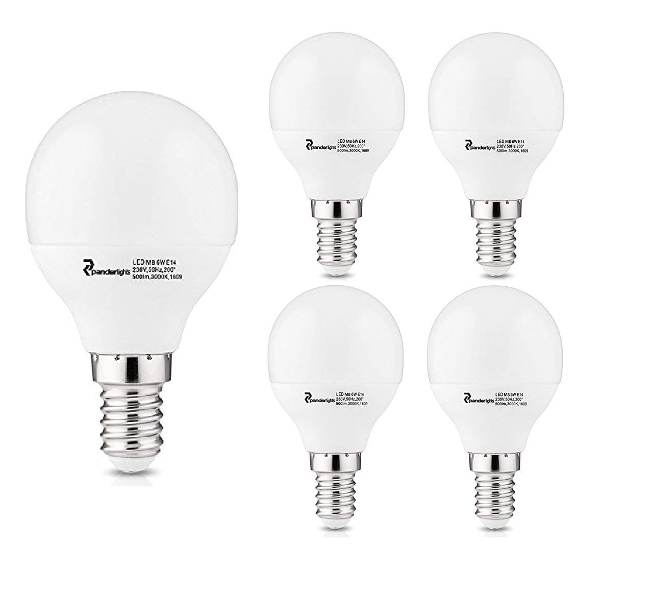 PanderLights Pack of 5 E14 LED MB Bulbs 6 W 500 lm (Replaces approx. 50 W) Warm White SMD LED Bulbs with 150° Beam Angle