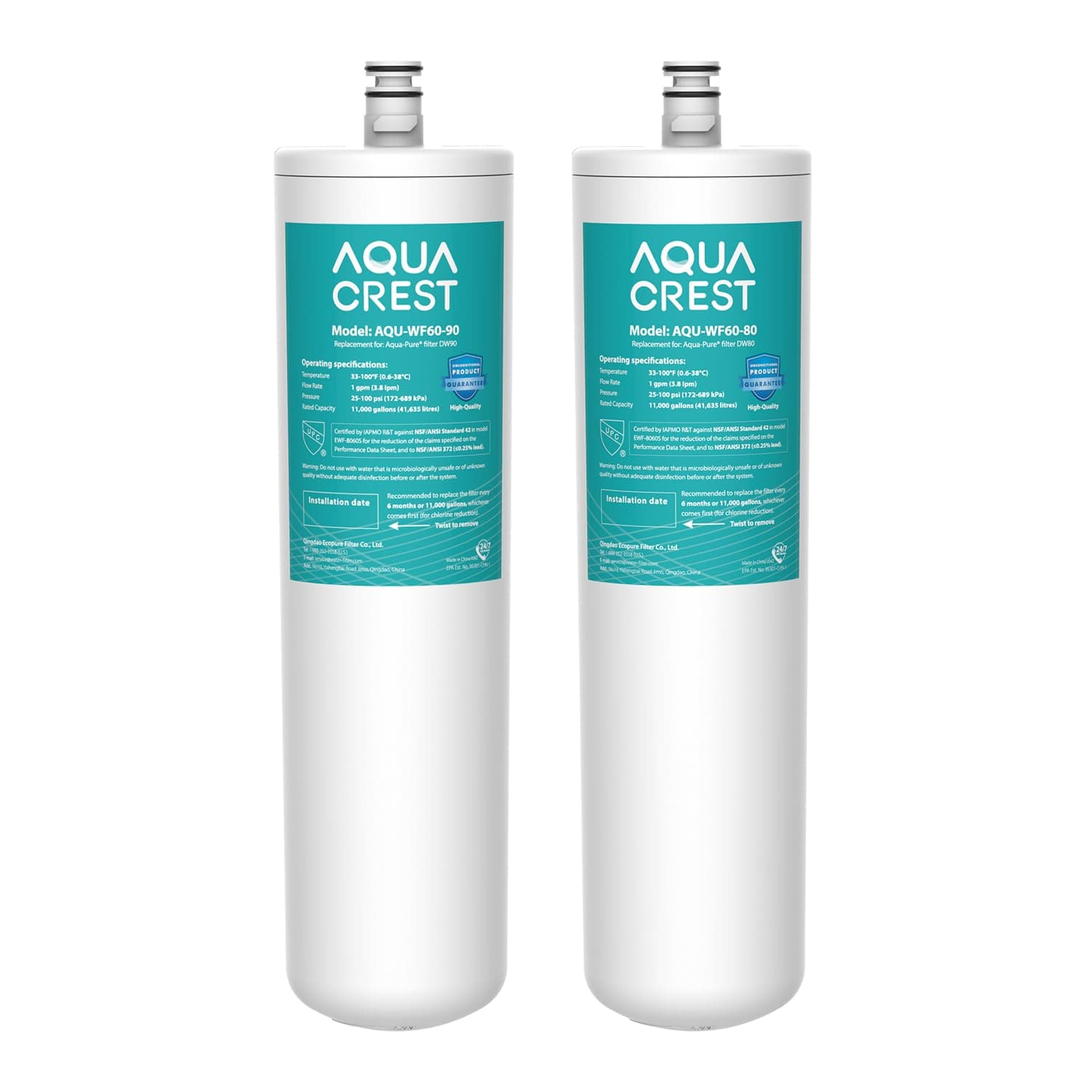 AQUACREST DW80/90 Under Sink Water Filter, Replacement for Aqua-Pure AP-DW80/90, AP-DWS1000, Kohler K-201-NA, Kohler K-202-NA (Pack of 2), Model No. WF60-80/90