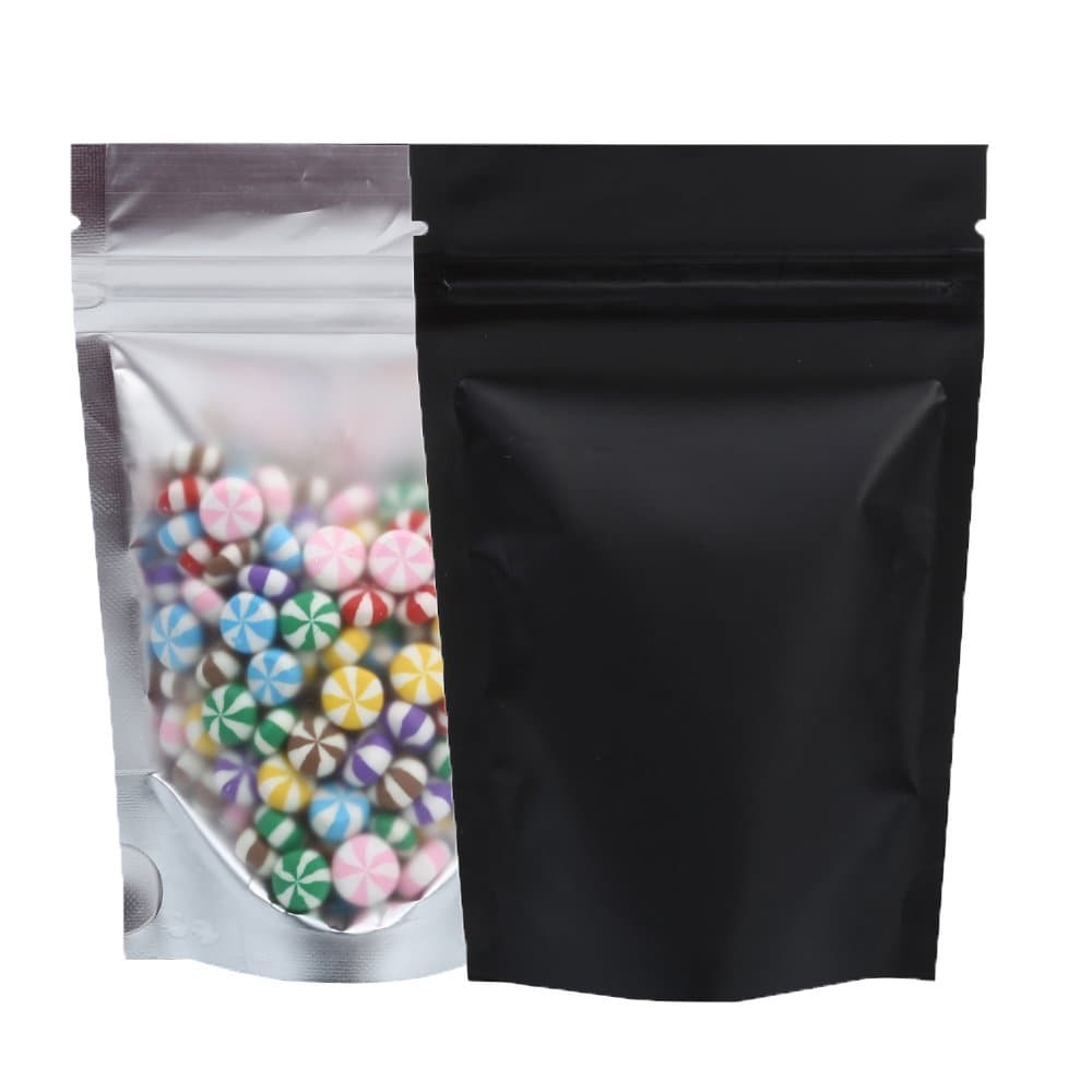 100 Matte Clear Front Silver Inside Black Back Stand Up Foil Zip Top Bags Outer Size 8.5x13cm (3.3x5.1")