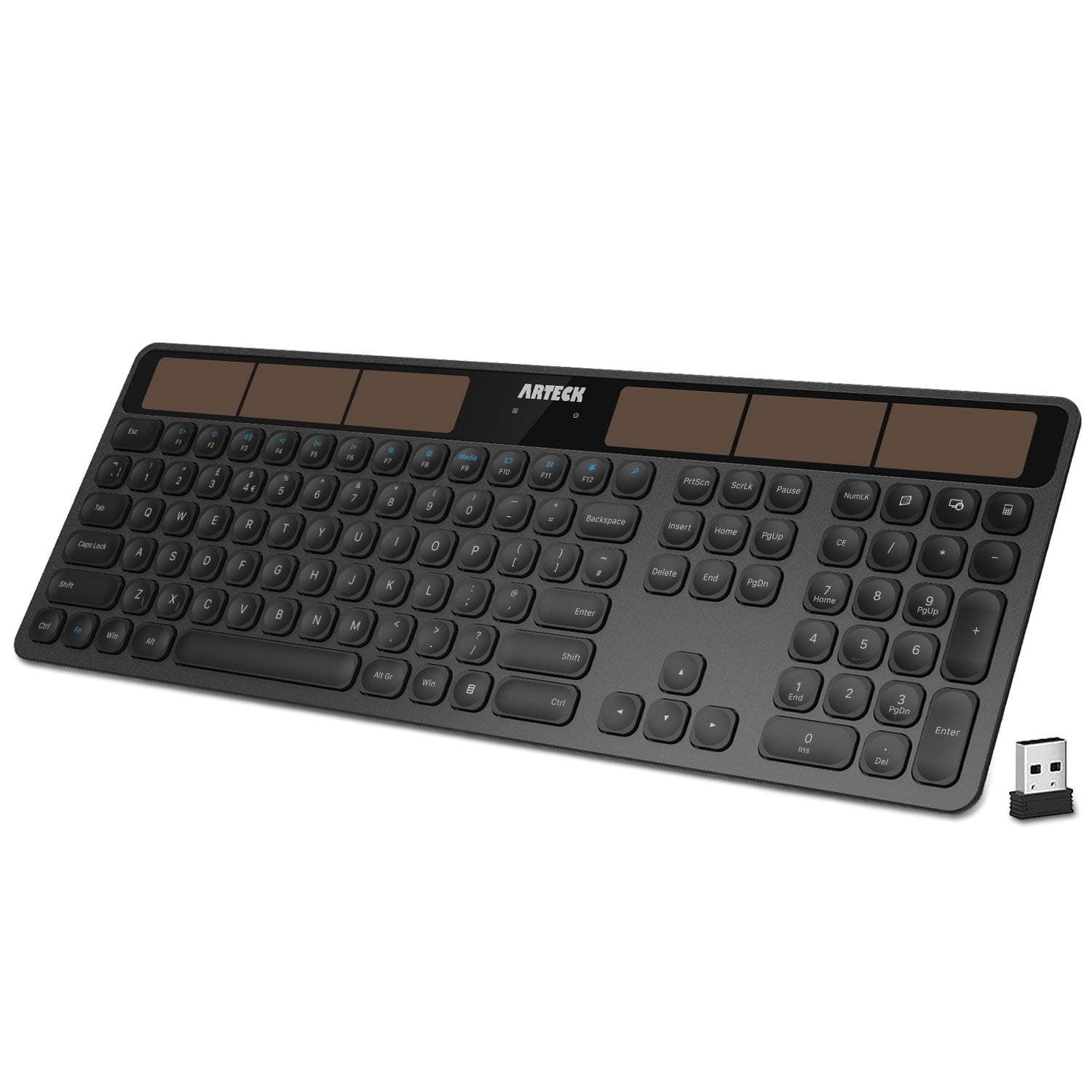 – Arteck Solar Wireless Keyboard Full Size Solar Recharging Keyboard for Computer/Desktop/PC/Laptop/Surface/Smart TV and Windows 10/8 / 7 / Vista/XP Built in Rechargeable Battery