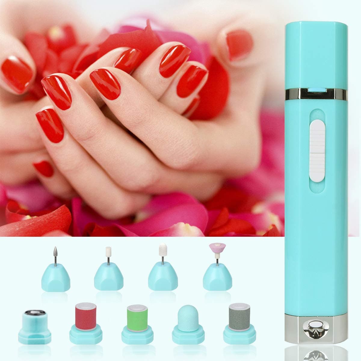 9-in-1 Electric Nail File Nail Drill Machine Multifunctional Manicure & Pedicure Set, Nail Buffer & Polisher, Personal Manicure and Pedicure Set (Blue)