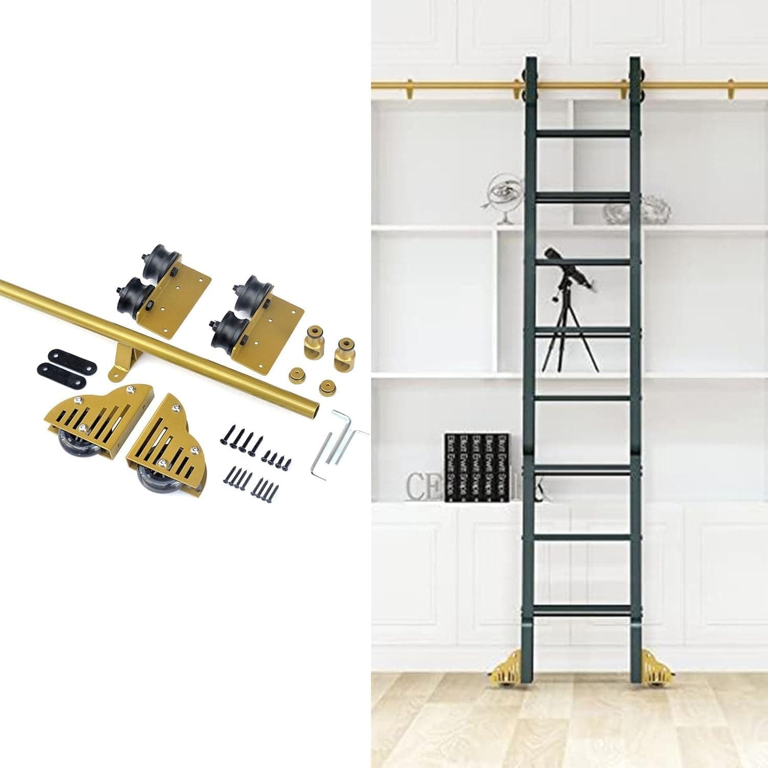 Library Sliding Ladder Hardware Rolling Full Set, Round Tube Rolling Library Ladder Hardware Kit (No Ladder) with Floor Roller and Brake, Golden Finish for Home/Indoor/Loft