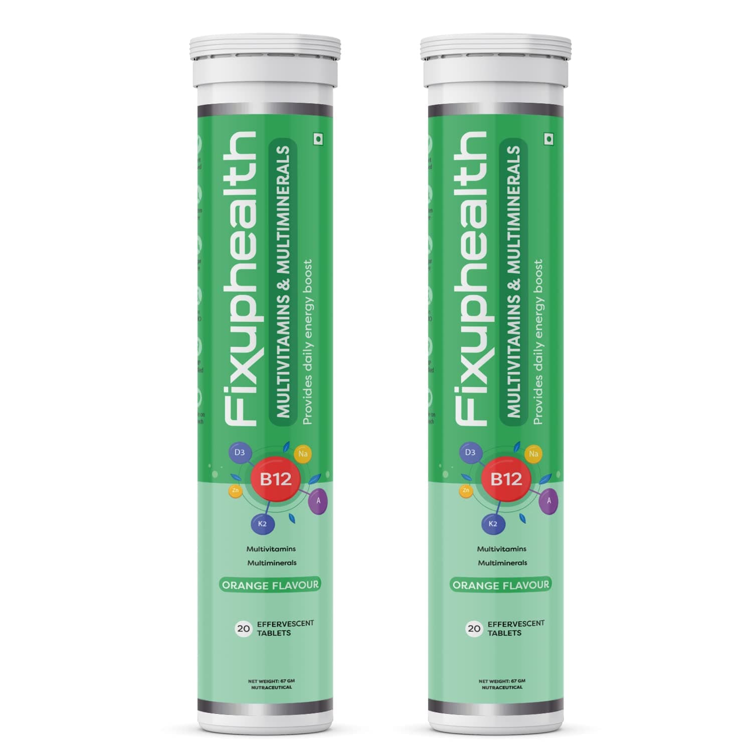 Fixuphealth Multivitamins and Multiminerals Effervescent Tablets Orange Flavour Pack of 2 20 tablets each pack Useful for body health & wellness skin healthy and shiny immunity