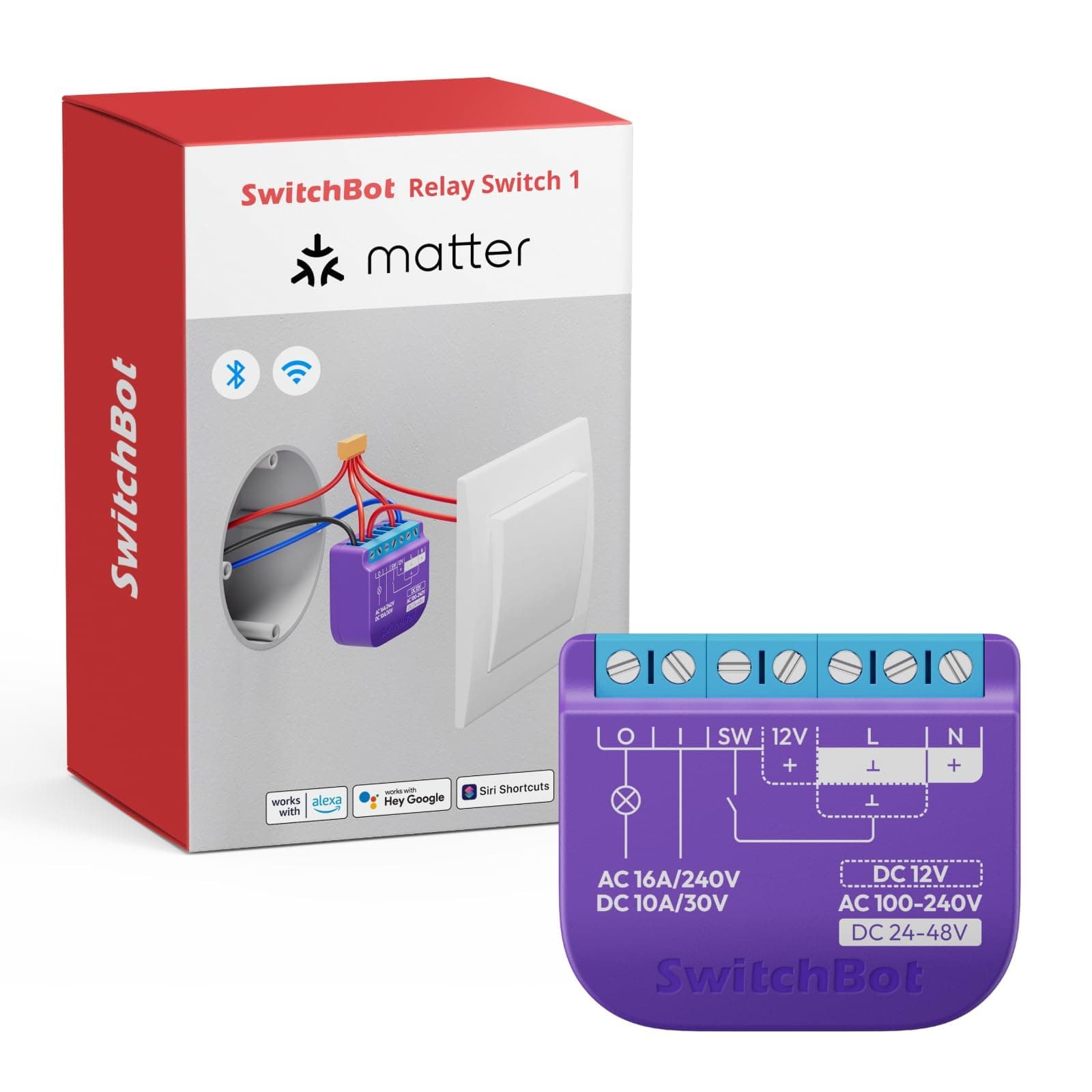 WiFi Switch Compatible with Alexa/Apple Home/Google Home/Matter (Hub Required), Power-Measuring Relay Switch Module with Integrated Bluetooth Repeater and Dry Contact, 2.4 GHz, 16 A