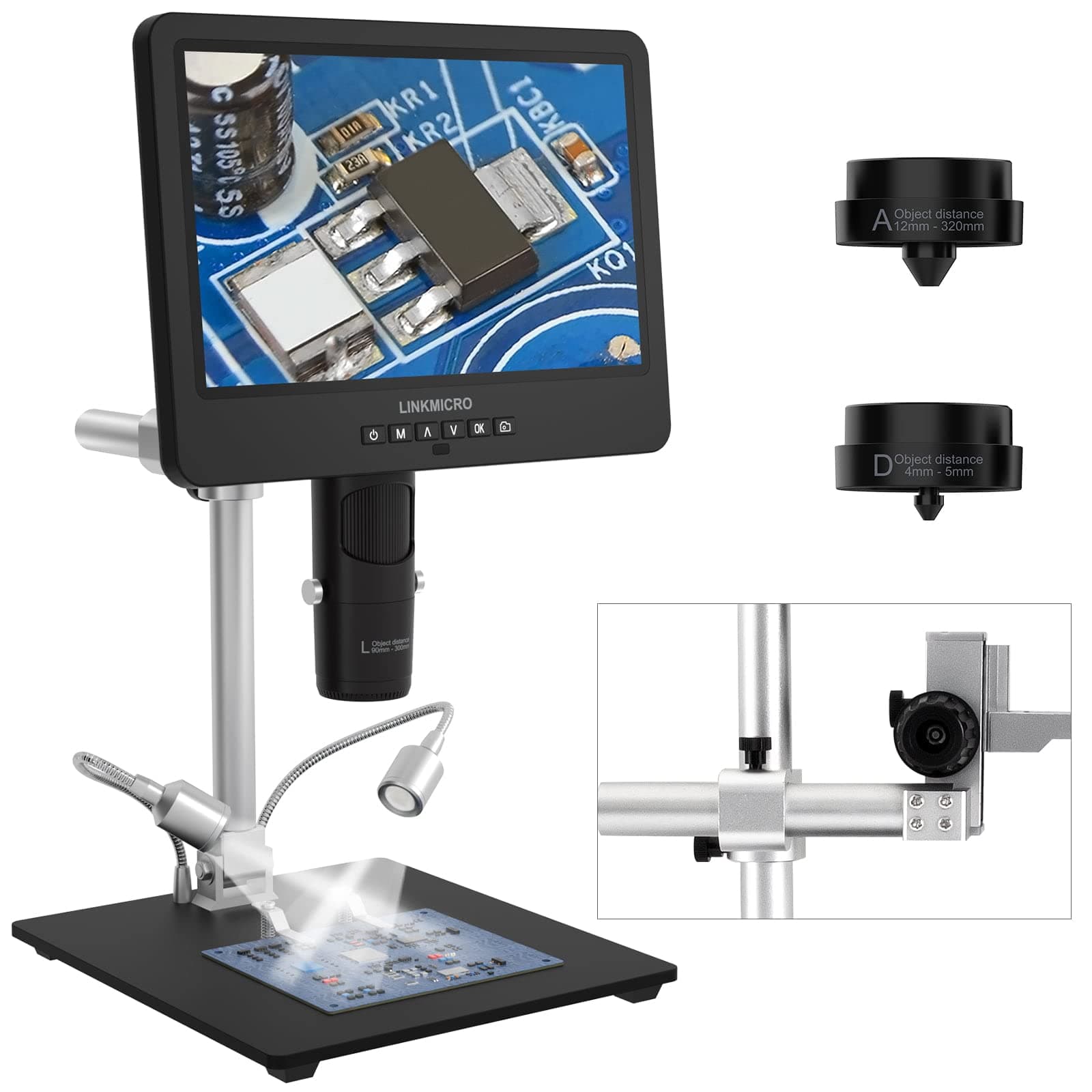 LM249MS 3 Lens 10.1" HDMI Digital Microscope 2000X Soldering Microscope Camera for Electronic Repair, 13" Boom Arm Stand, UHD 2160P Video Coin Microscope Full View Coins, 32GB, Windows