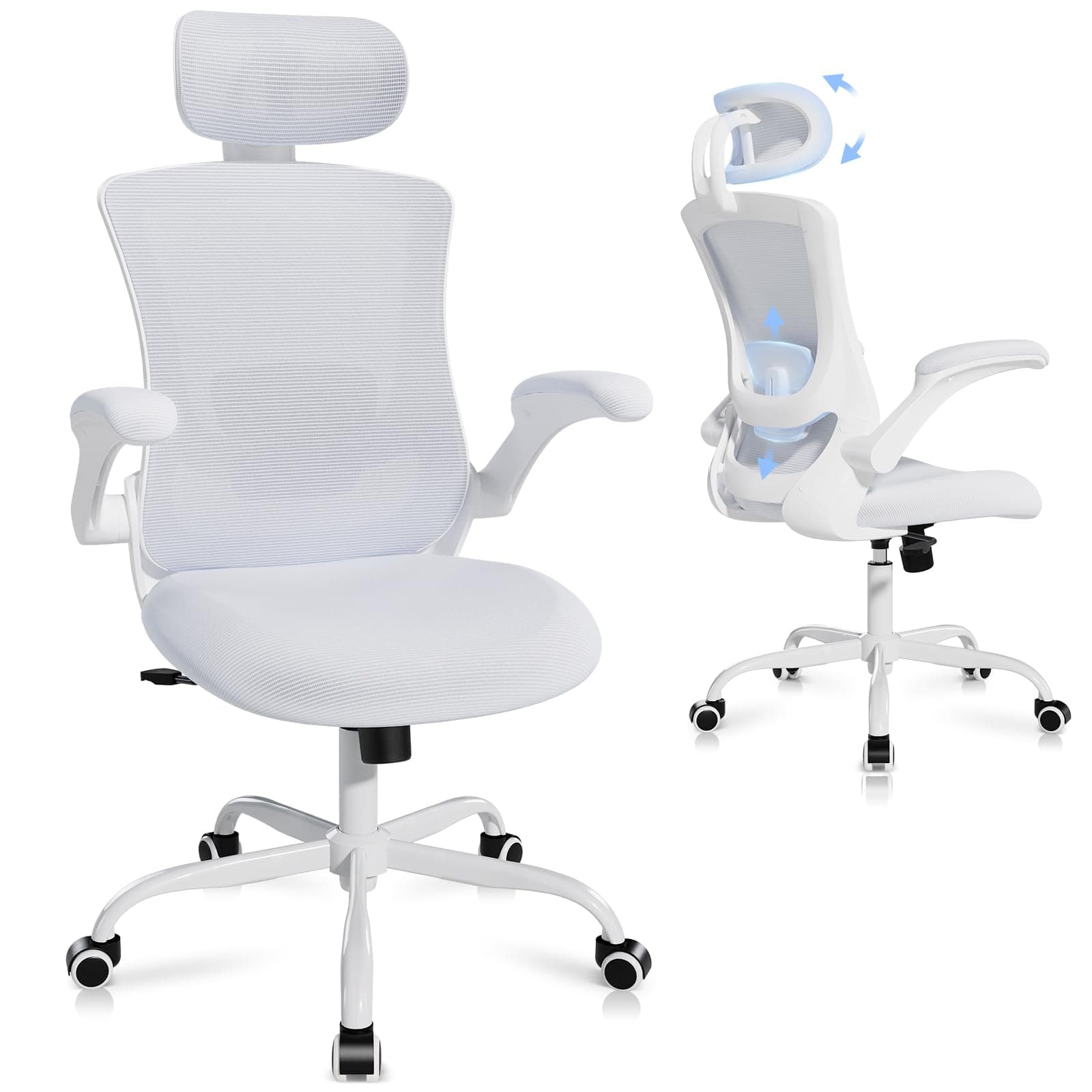 Ergonomic Office Chair with Adjustable Lumbar Support & Headrest, High Back Mesh Desk Chair with Flip-Up Armrests, Breathable & Comfortable Computer Chair for Home, Office & Study –White