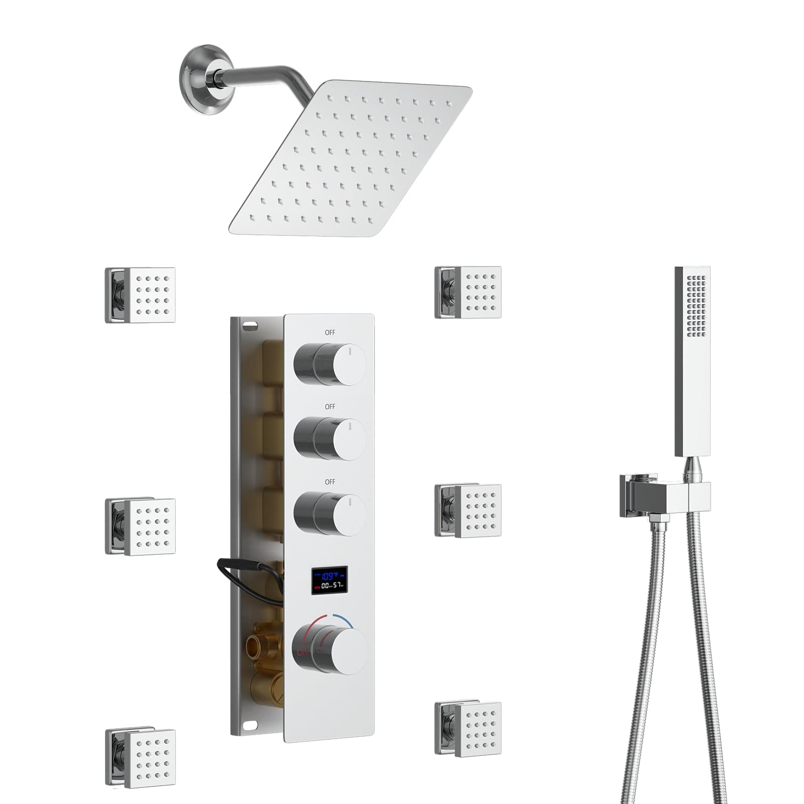 Digital Tempreature Display Full Body Shower System Wall Mounted 8 Inch Rain Shower System with 6 PCS Body Jets, Handheld Spray, Chrome Shower Fixtures