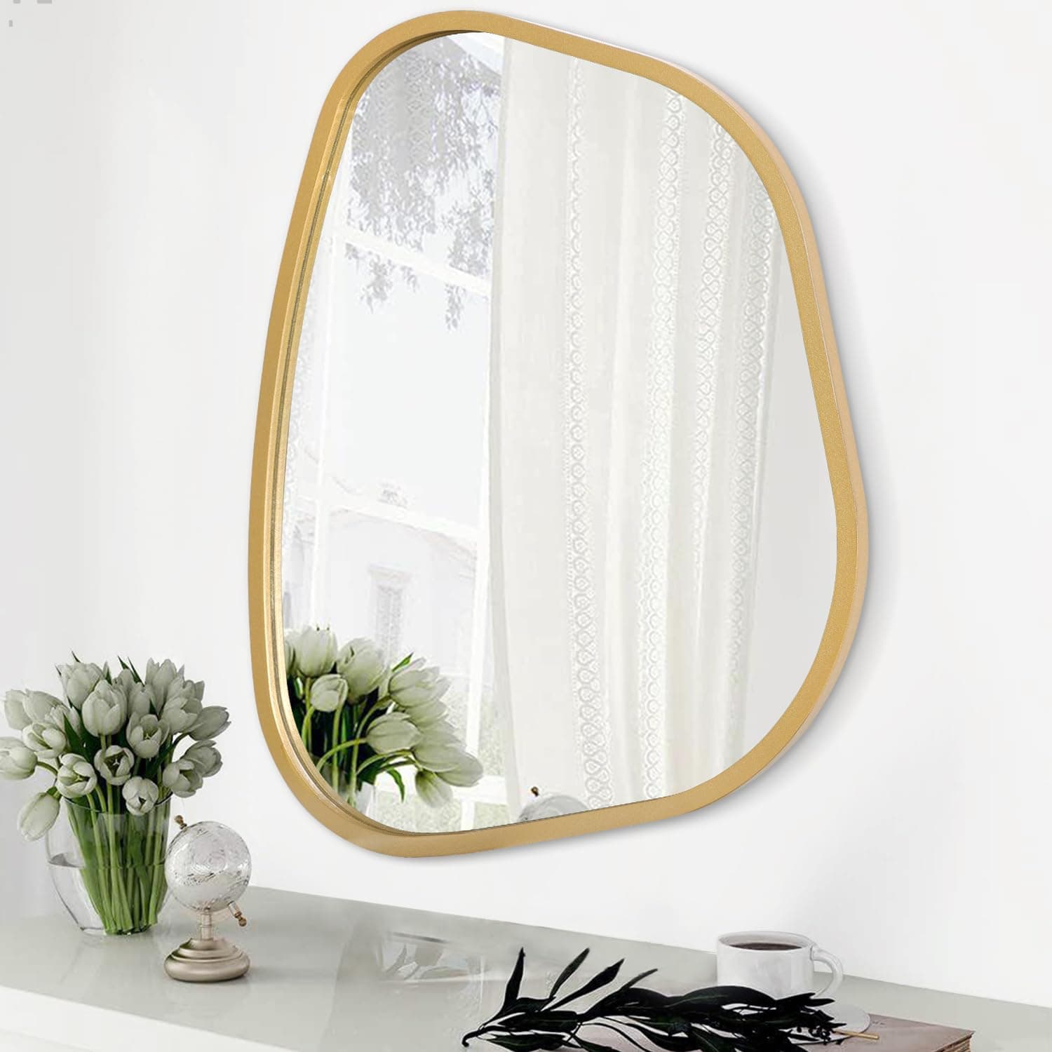 Asymmetrical Accent Mirror for Wall Irregular Oval Wood Frame Modern Unique Wall Mirror Decorative Vanity Bathroom Living Room Bedroom Entryway Hallway Artistic Mirror Small Gold 14"x10"
