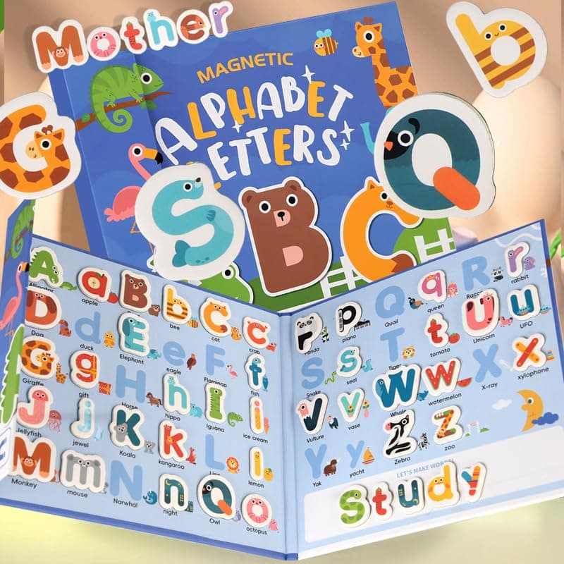 Fullware Magnetic Letters Learning Board for Kids, Uppercase & Lowercase, Alphabet Fridge Magnet Toddlers, Educational Toys 1 2 3 4 5 6 Year Old, Word Spelling, Foldable Travel Games, Gift Boys Girls