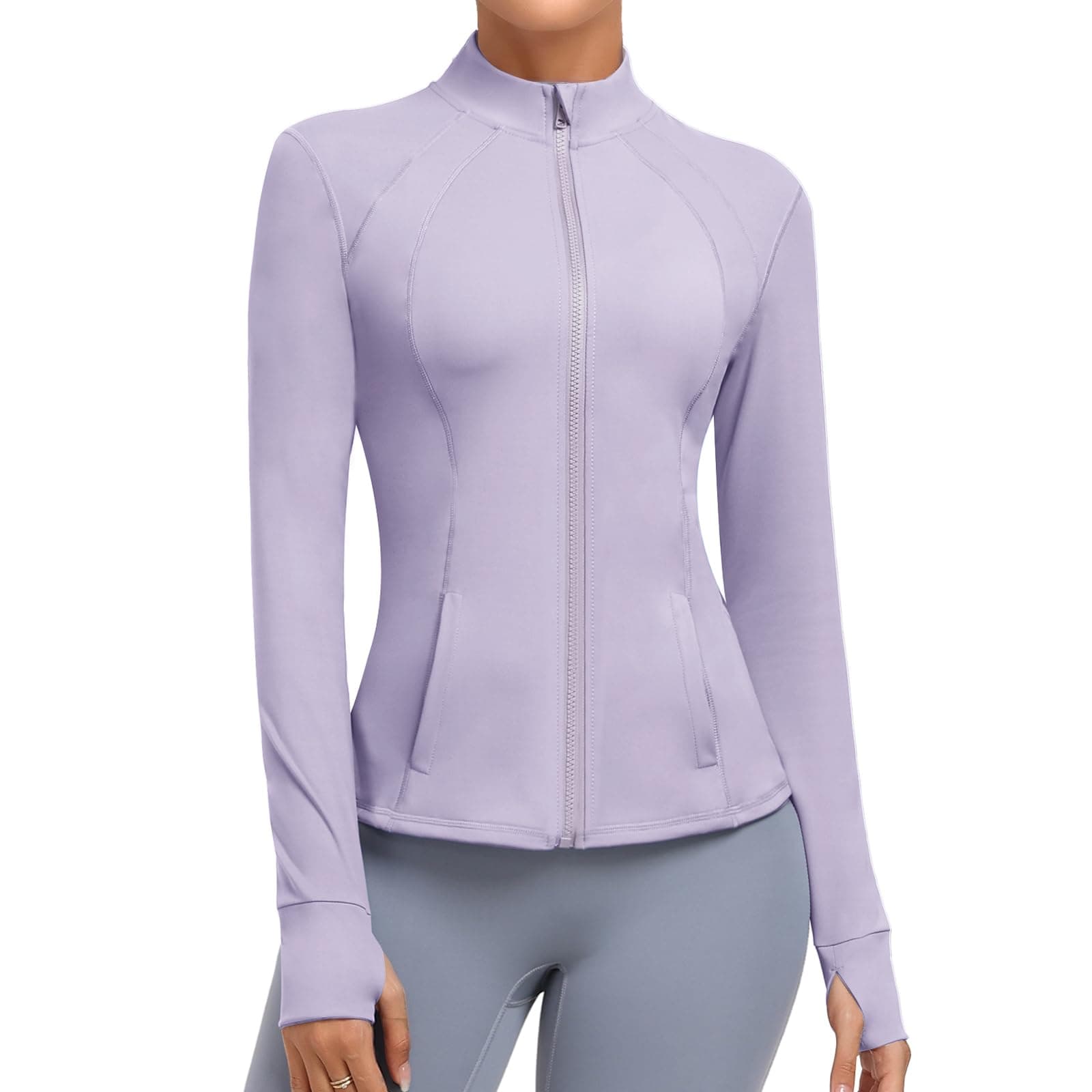 Women's Athletic Full Zip Lightweight Workout Jacket With Pockets Running Slim Fit Yoga Sportwear With Thumb Holes