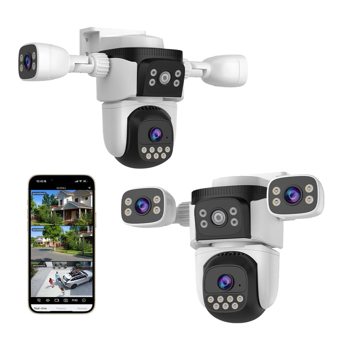 EVERSECU Triple Lens WiFi PTZ Security Camera, Three Cameras in One, Side Cameras with Adjustable All-Angle Arm, 2K 360° View No Blind Spot, Auto Tracking, Spotlight, 2 Way Audio(2pack