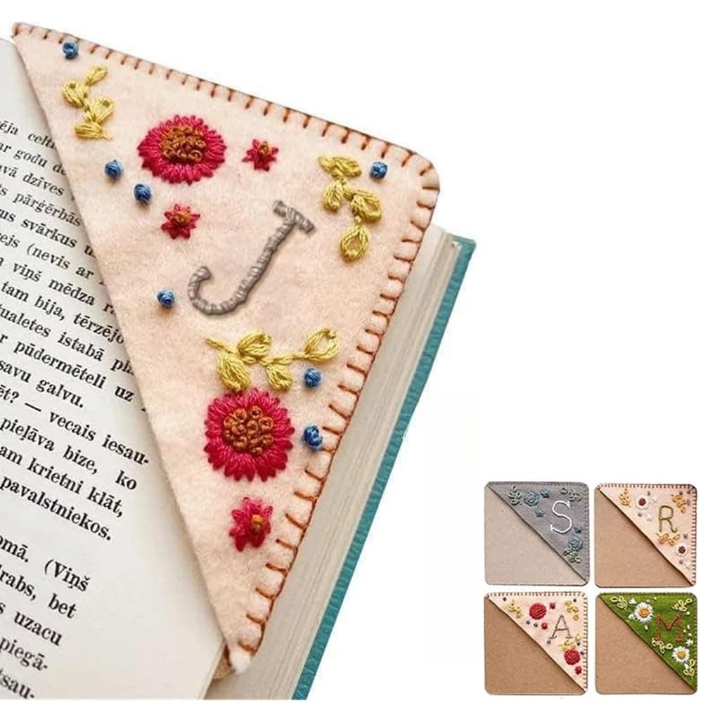 Personalized Hand Embroidered Corner Bookmark 26 Letters Felt Triangle Corner Page Bookmark Handmade Stitched Book Marker Cute Flower Bookmarks for Book Reading Lovers Meaningful Gift (J, Fall)