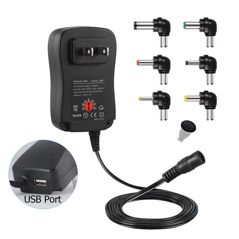 leapara Regulated 30W Universal Adapter Adjustable Switching Power Transformer 3V-12V, Supply with 6 DC Adapter Tips & USB Plug Replacement for Phone Household Electronics and Rechargeable Devices