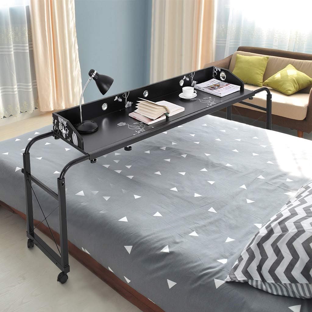 Adjustable Overbed Table with Wheels, Black Height and Length Adjustable Overbed Table for All King Size Queen Size Bed (Black)