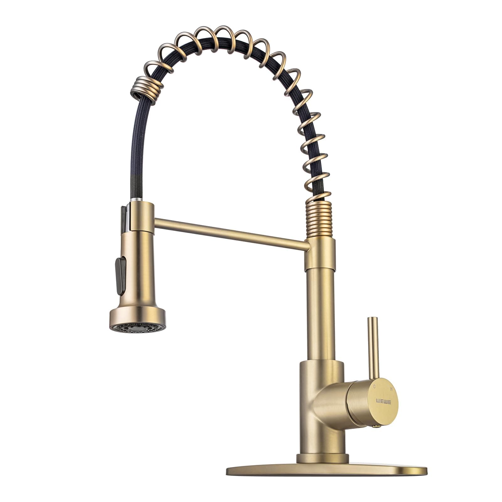 WEWE Brushed Gold Kitchen Faucet with Pull Down Sprayer, RV Brass Kitchen Faucet Stainless Steel Single Handle Spring Faucet with Deck Plate for Farmhouse Utility bar Laundry Sinks