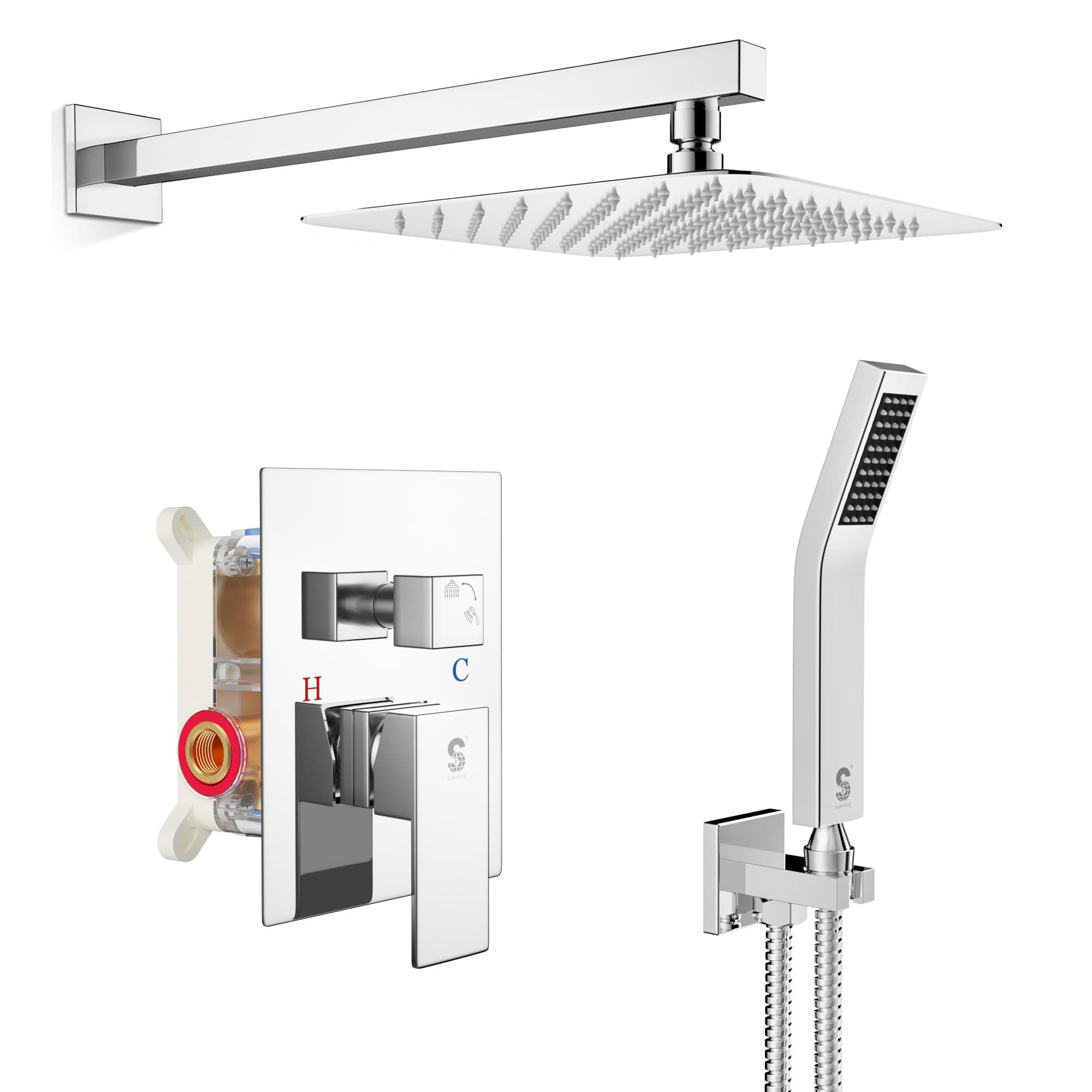 - Polished Chrome Square Rainfall Shower Head and Handle Set, Wall Mounted Shower Fixtures, Metal Shower Faucet Trim Repair Kits (With Shower Valve)