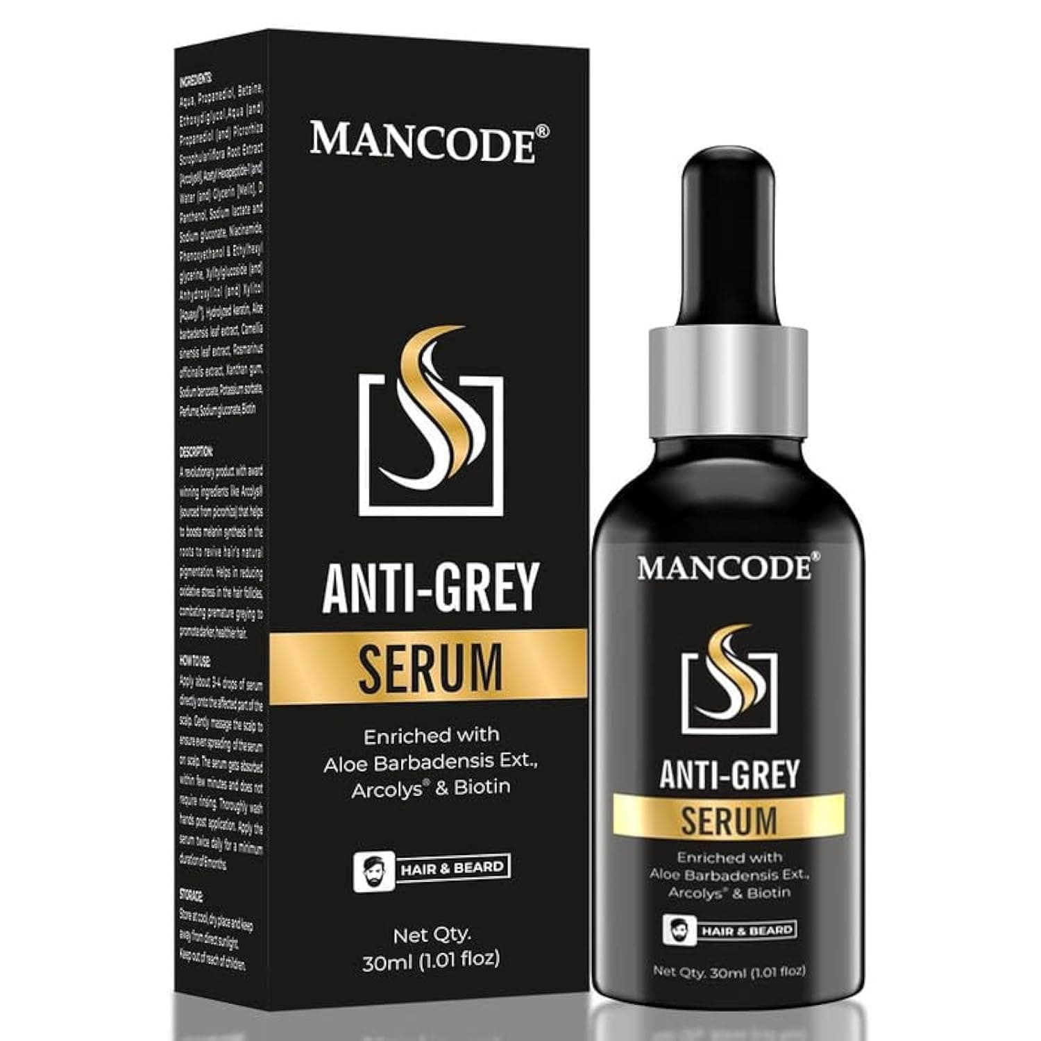 MAN CODE Anti Grey Serum | Restore Natural Black Color of Grey White Hair & Beard | Delay & Reverse Grays | Strengthen Roots | Toxin Free | For All Types - 30ml