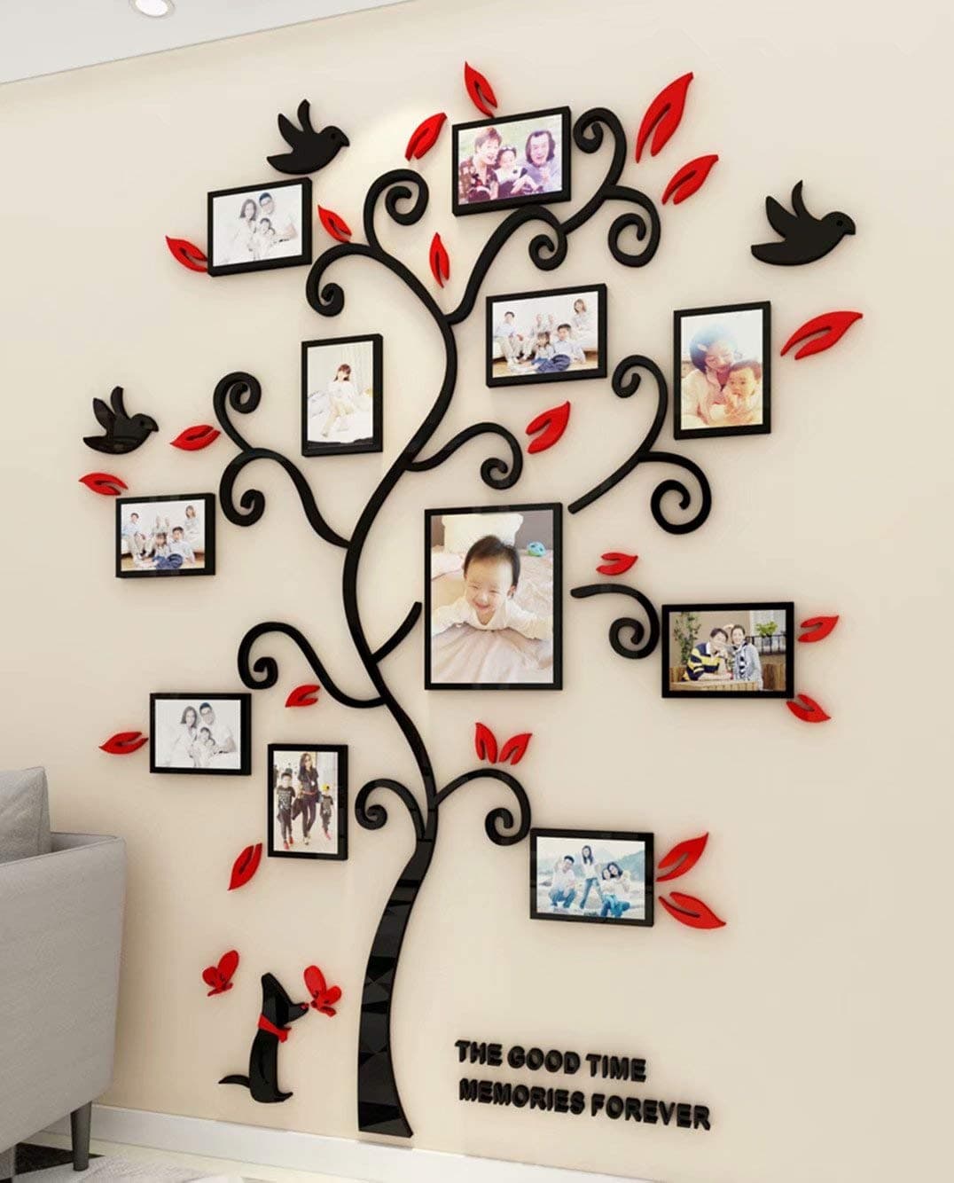 3D Tree Wall Stickers - Family Tree Wall Decor Black Trunk Picture Frame DIY Photo Frame Decals Family Frames Living Room (Red, Medium)