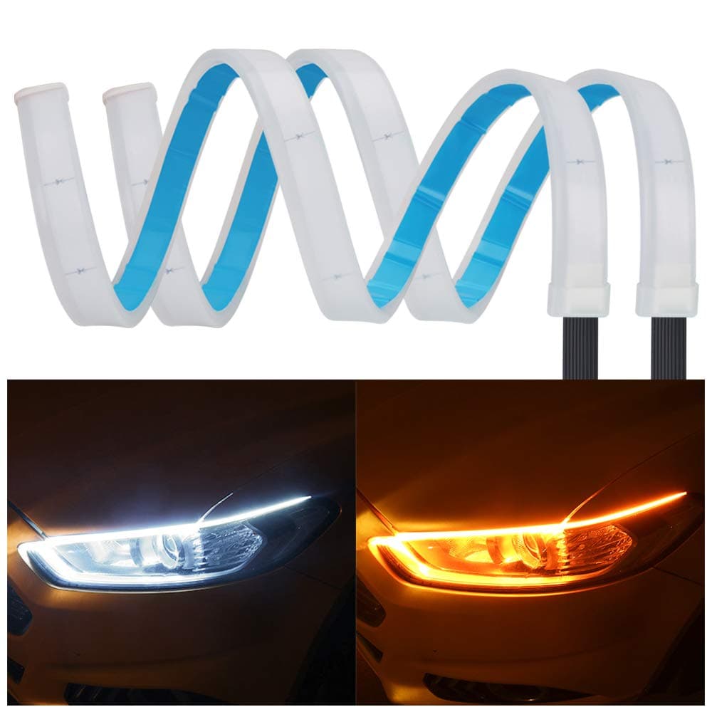YANF 2-Pack 24 Inches DRL LED Light Strip, White-Amber Sequence, Flexible and Durable, Waterproof and Buckled Plug Design, Easy to Install, Fit for Any 12V Vehicle