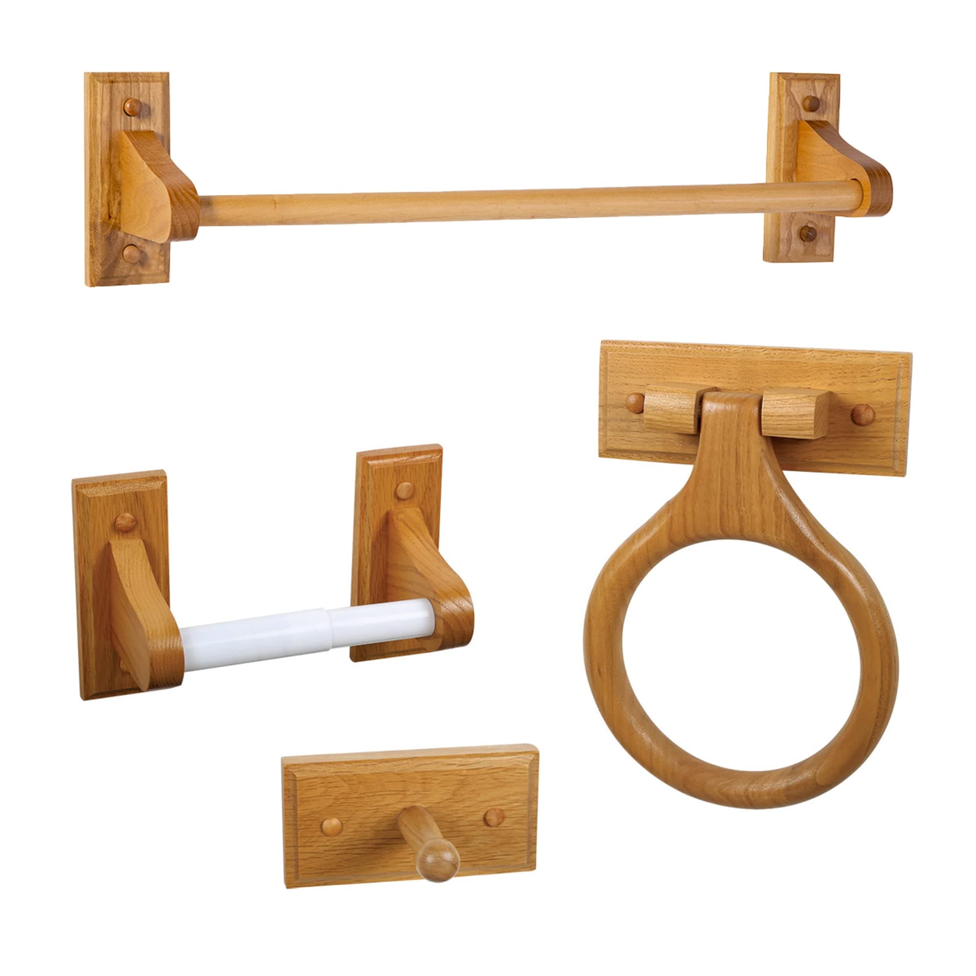 Dalton 4-Piece Bathroom Accessory Set, Honey Oak, Includes Towel Bar, Towel Ring, Toilet Paper Holder, and Robe Hook – Design House, 561258