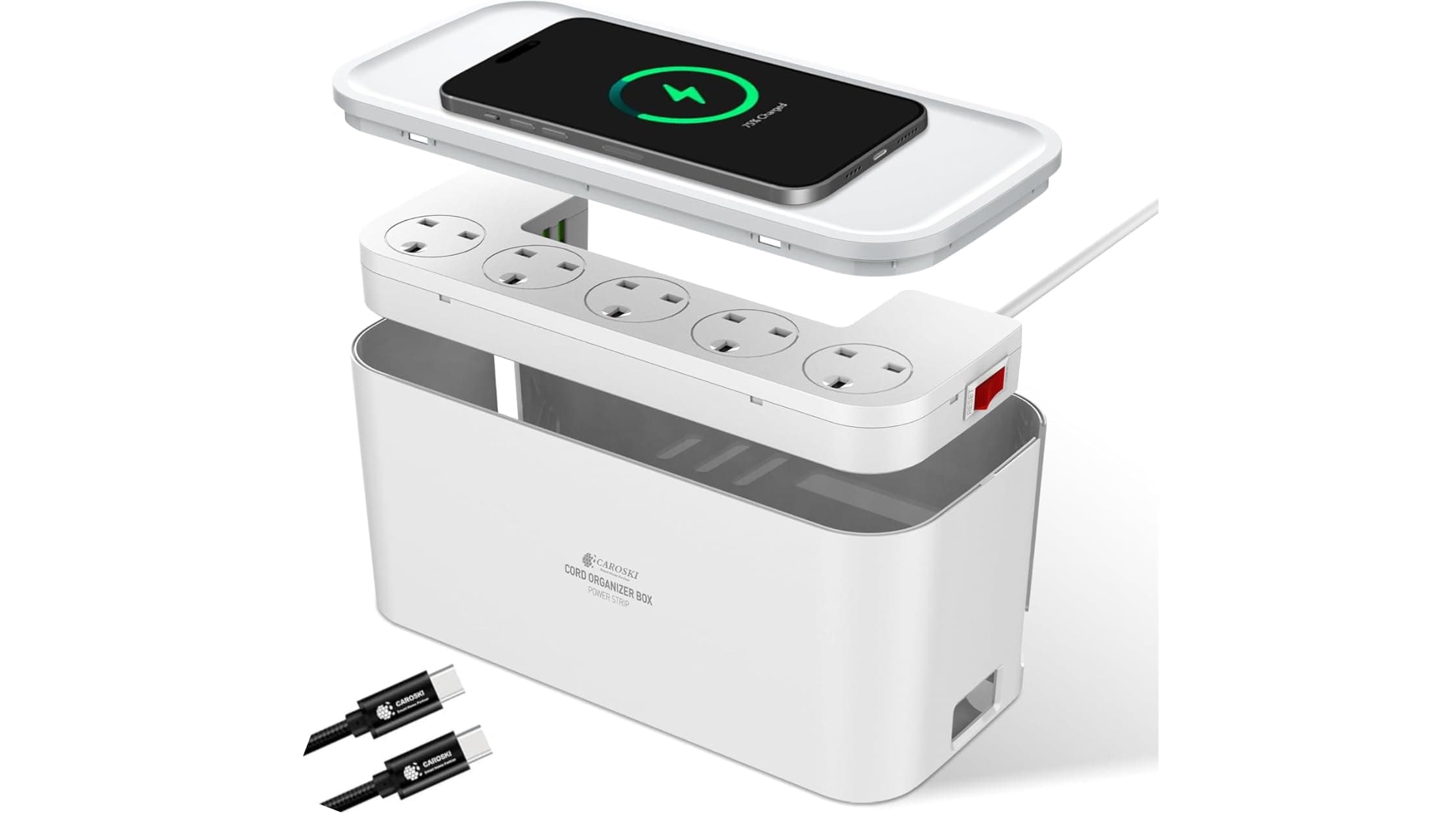 Cable Management Box with Power Extension Strip 5 Outlets Fast Wireless Charger USB-C Cable & 2M Long Cord – Safe & Neat Home Office Setup