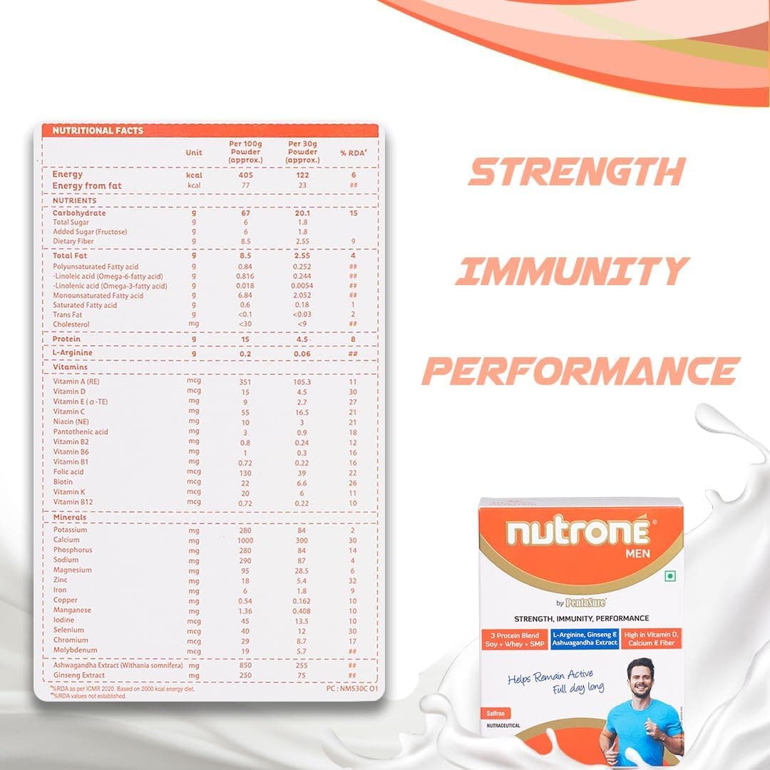 Nutrone Saffron Flavour Men 3 Protein Blend (Soy+Whey+SMP) Powder by Pentasure, 300g Carton with Free Shaker