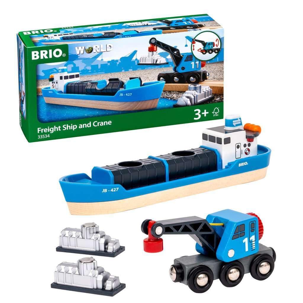 BRIO Container Ship & Crane Wagon – Wooden Cargo Loading Playset with Working Crane – Compatible with BRIO World Railway – Toy for Kids Ages 3+