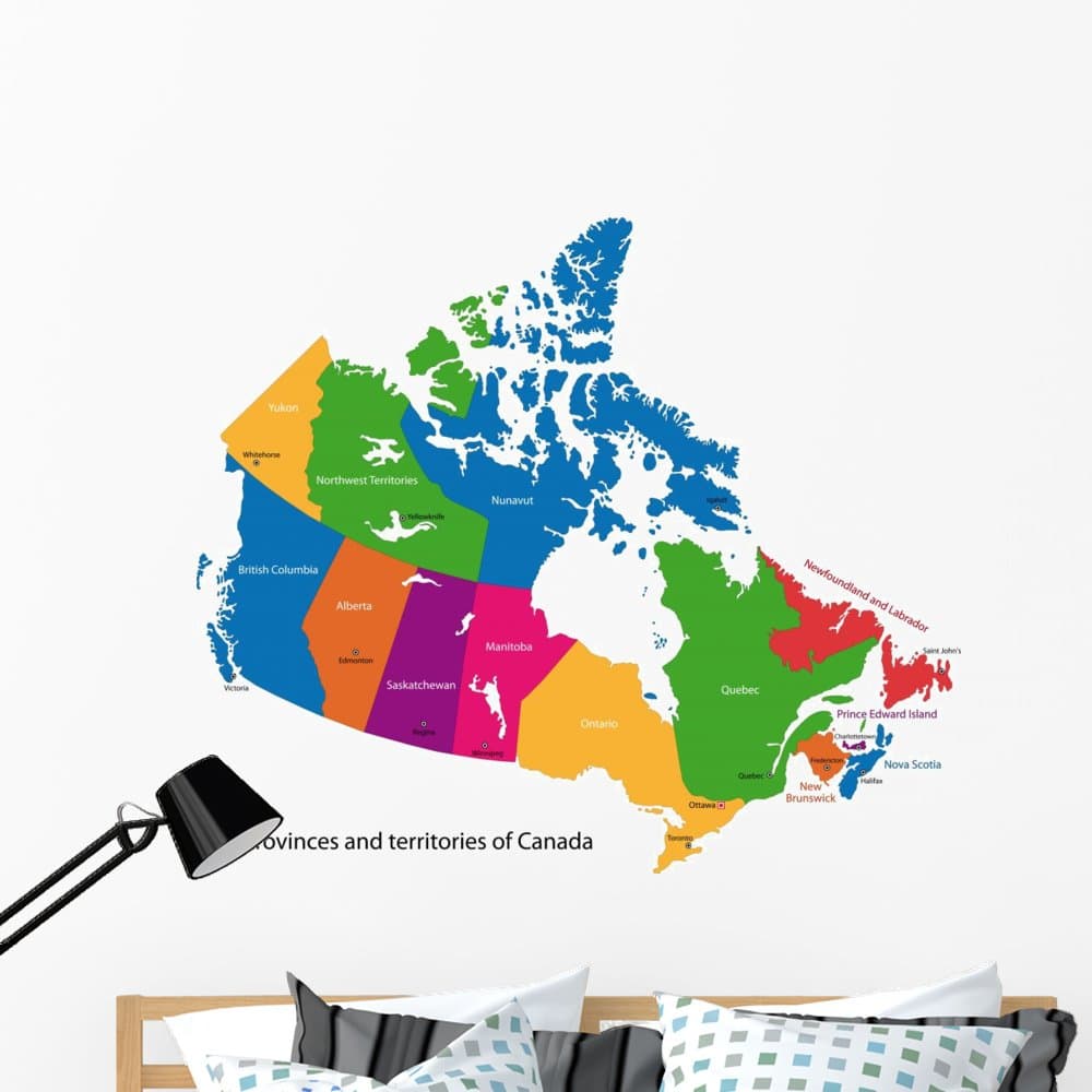 Wallmonkeys Colorful Canada Map with Provinces Wall Decal Peel and Stick Graphic WM332327 (48 in W x 41 in H)