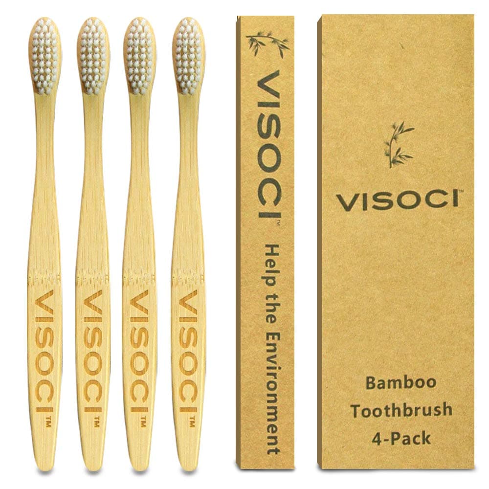 Visoci™ - Premium Bamboo Toothbrushes | Organic Eco Friendly Biodegradable | Medium Soft Bristles | Natural Family Pack of 4 | Kids and Adults | BPA Free | Natural Wooden Toothbrush | Plastic Free