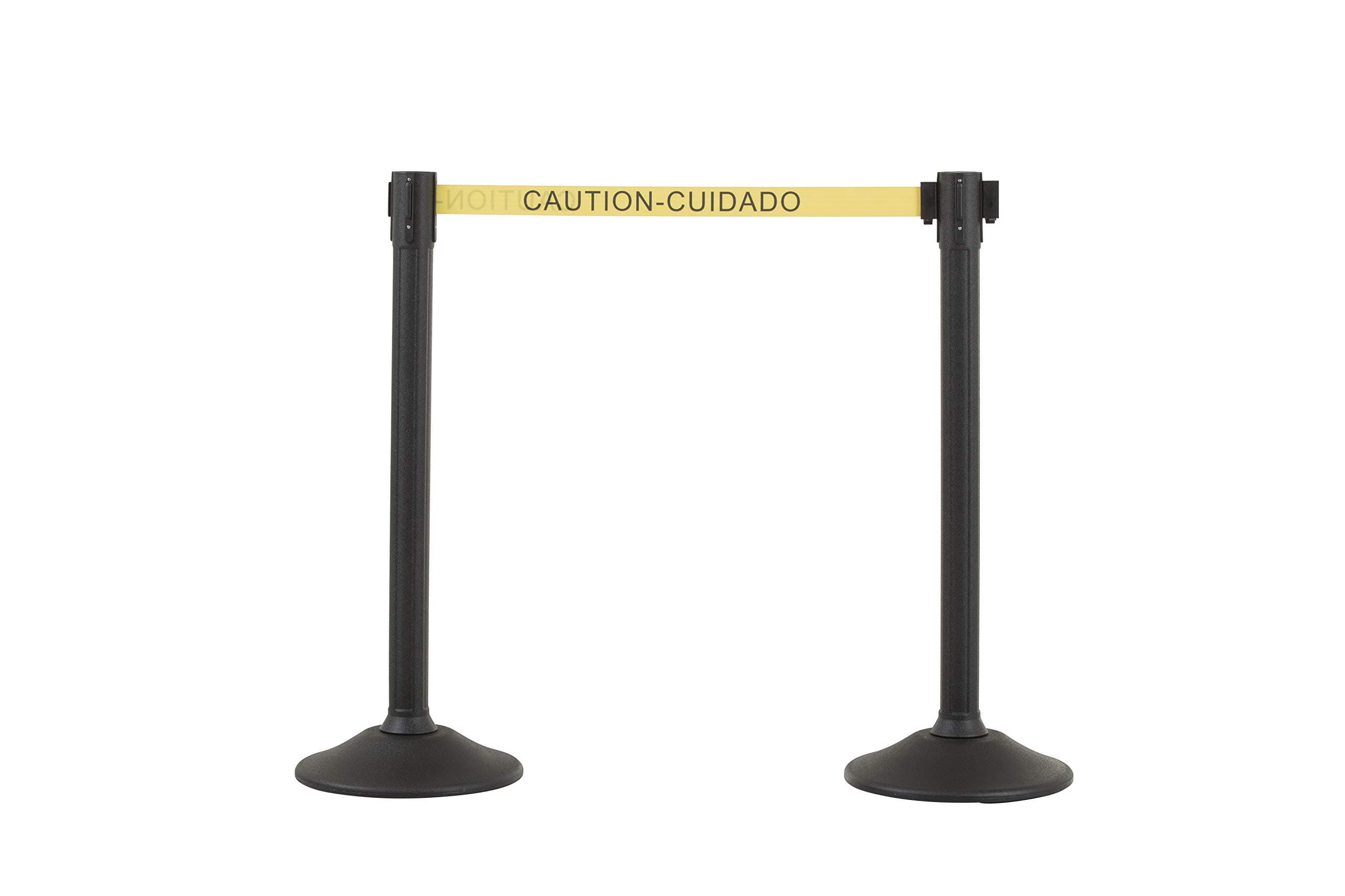 US Weight Black Plastic Stanchion for Crowd Control with 6.5' Retractable Caution Barrier Belt with Tool-Free Assembly and Universal Belt Ends that Fit Most Brands - Pack of 2 - Made in the USA