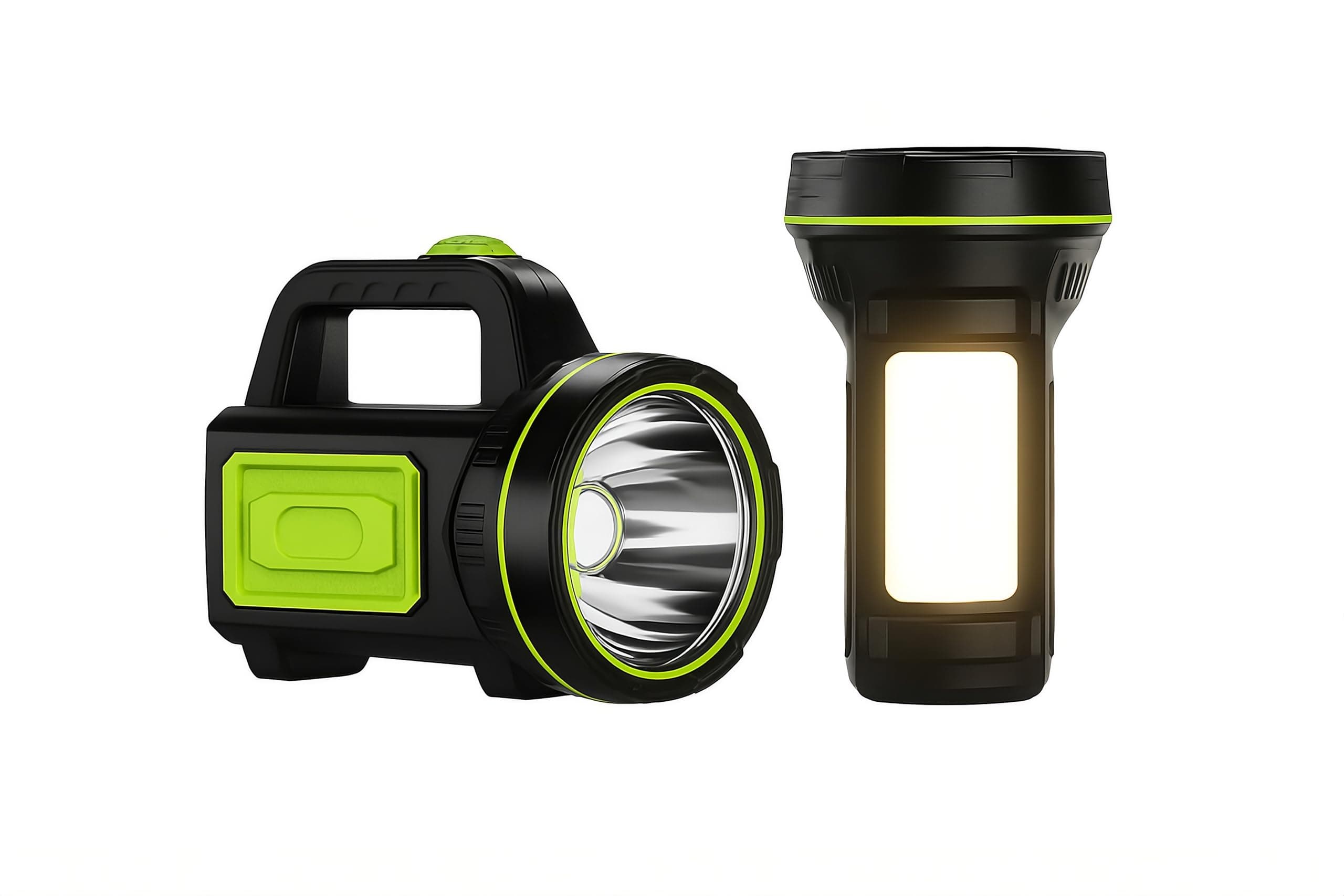 Rechargeable LED Hand Torch with Side Lantern – Super Bright Flashlight, 2 Light Modes, USB Charging, Compact IPX5 Waterproof Torch for Camping, Fishing & Emergency Uses.