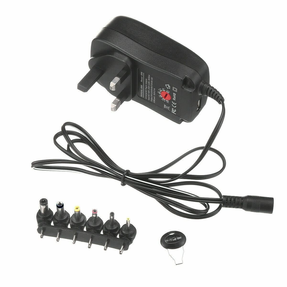 30W Universal AC/DC 3V -12V Adapter with 6 Tips & USB Port for Household Electronics